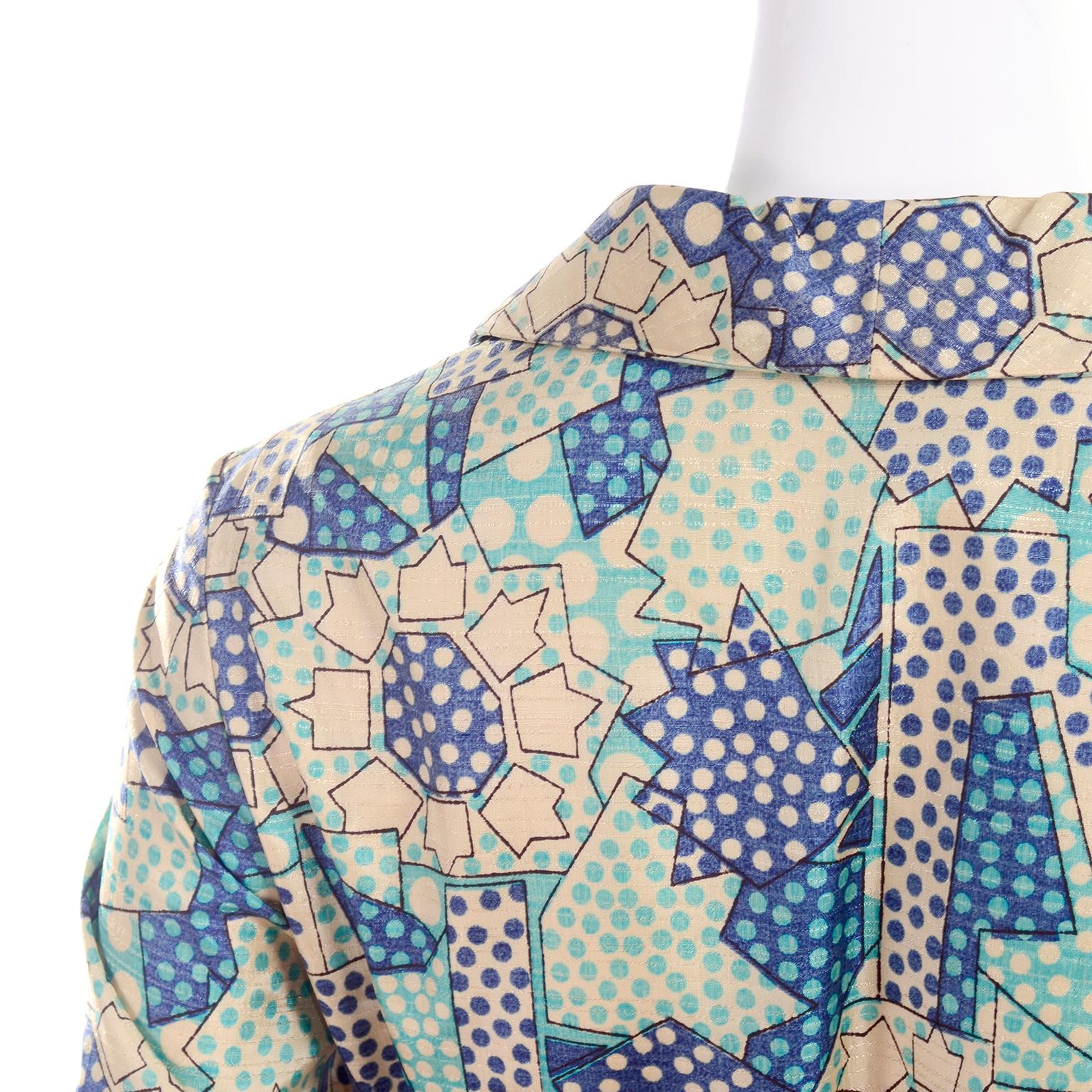 Blue Polka Dot Floral Patchwork Print Vintage silk Shirt Dress, 1970s  3