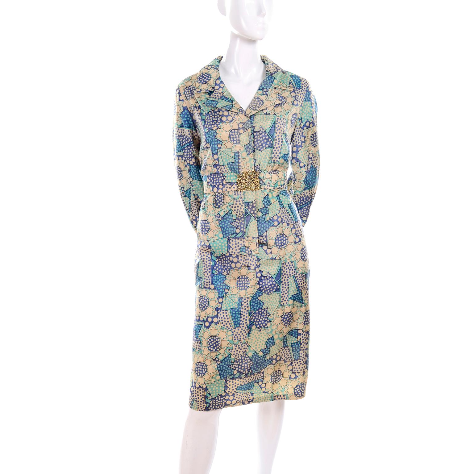 Women's Blue Polka Dot Floral Patchwork Print Vintage silk Shirt Dress, 1970s 
