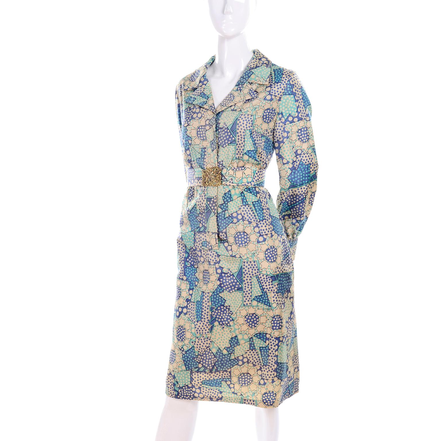 Blue Polka Dot Floral Patchwork Print Vintage silk Shirt Dress, 1970s  5