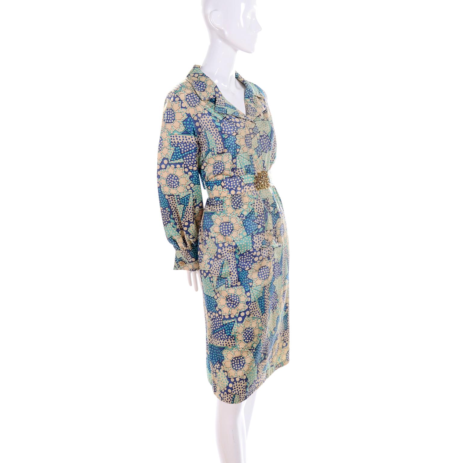 Blue Polka Dot Floral Patchwork Print Vintage silk Shirt Dress, 1970s  6