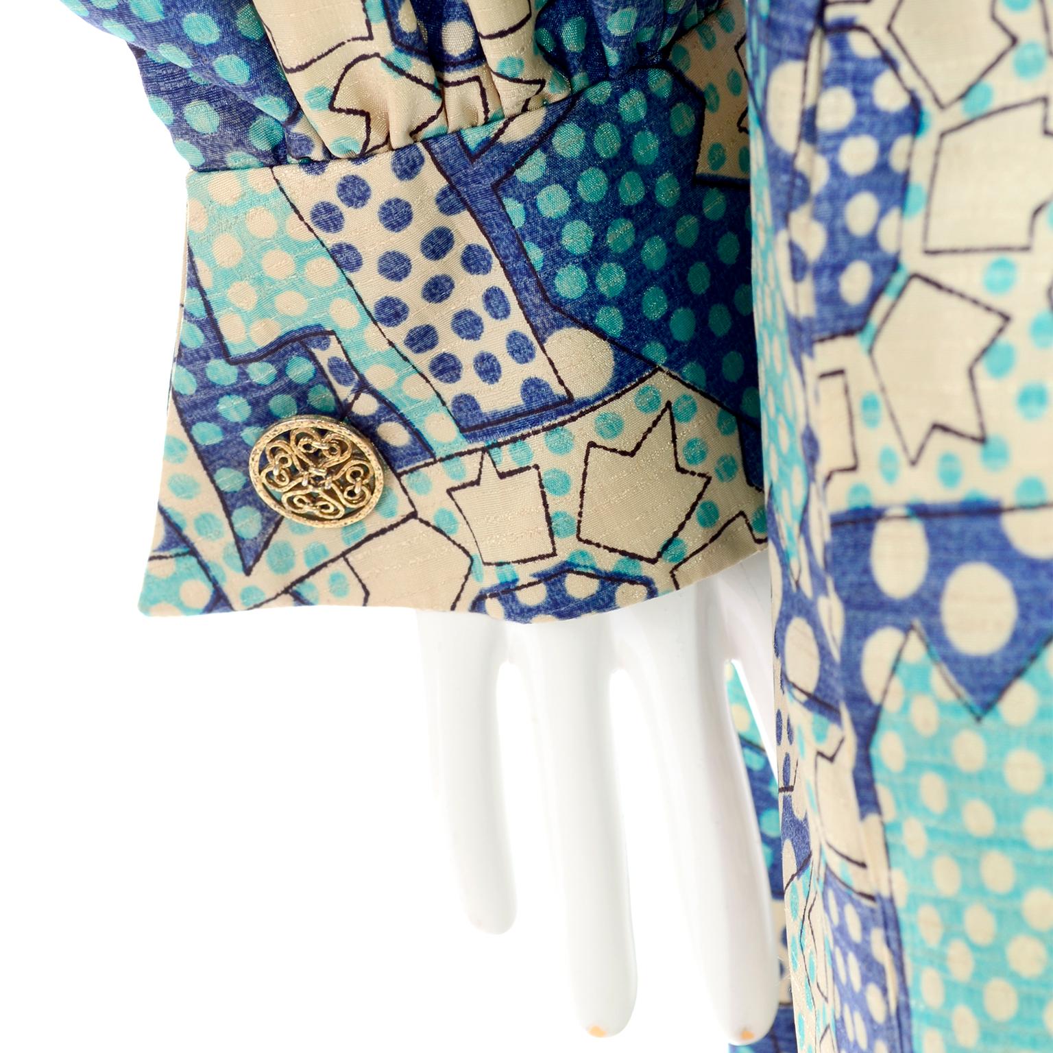 Blue Polka Dot Floral Patchwork Print Vintage silk Shirt Dress, 1970s  In Excellent Condition In Portland, OR