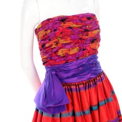 Victoria Vintage Strapless Gown in Red Blue and Purple Silk and Taffeta, 1980s