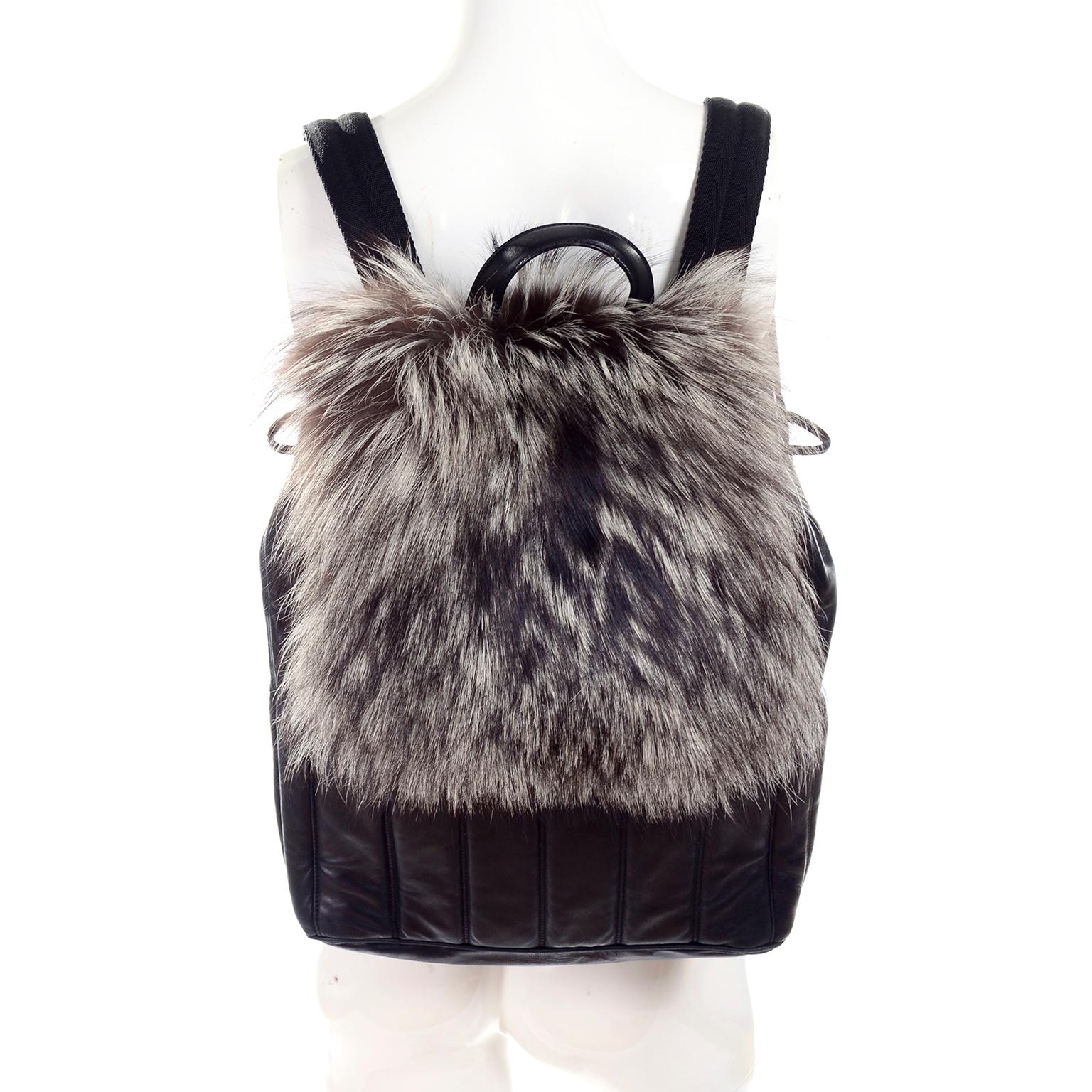 Tanner Krolle London Luxury Black Leather Fox Fur Backpack Bag 9