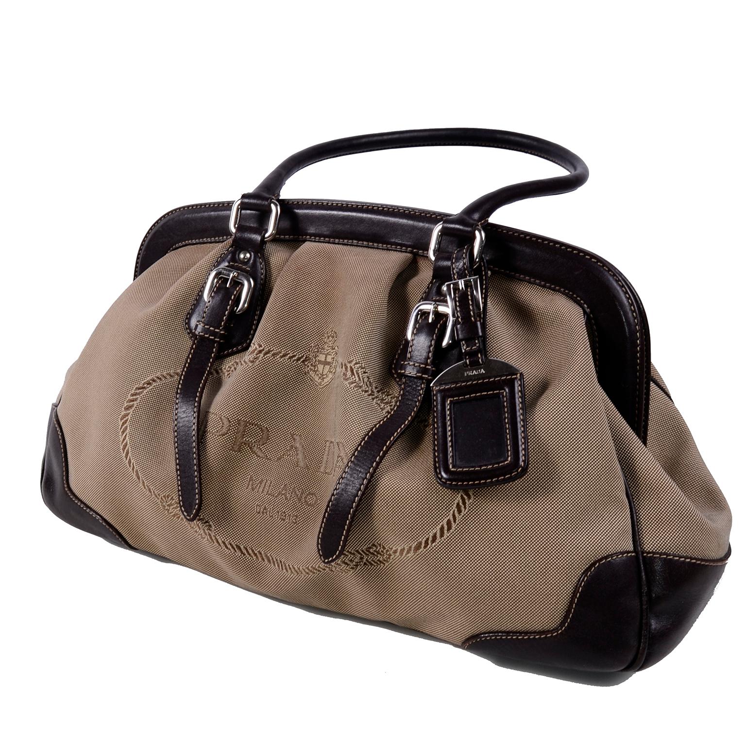 Prada Brown Jacquard Canvas and Leather Doctor Style Handbag 4