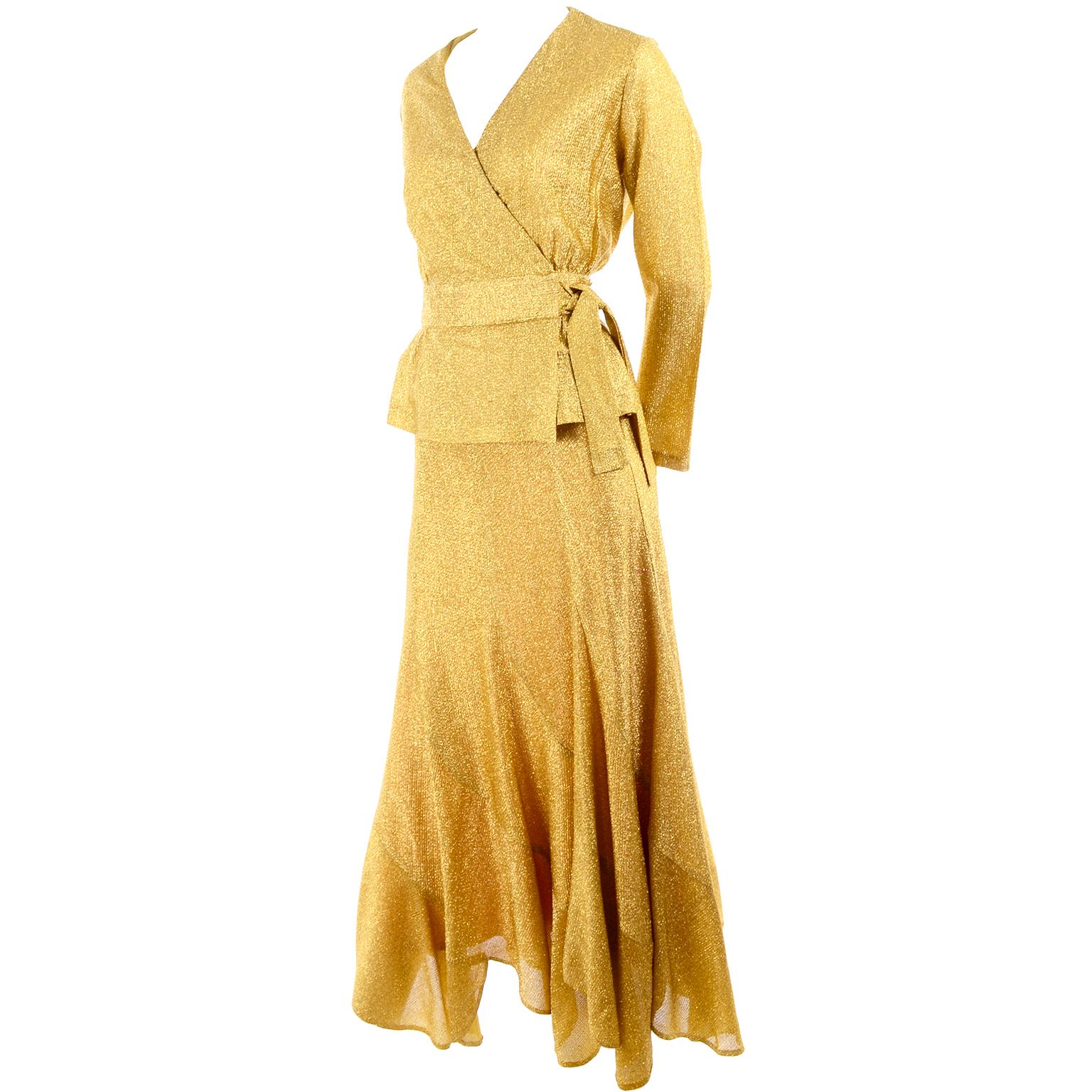 Beverly Paige Gold Lurex Evening Dress 2 pc With Long Bias Cut Skirt, 1970s 2