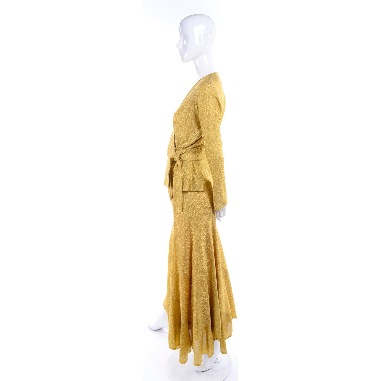 Beverly Paige Gold Lurex Evening Dress 2 pc With Long Bias Cut Skirt, 1970s 1