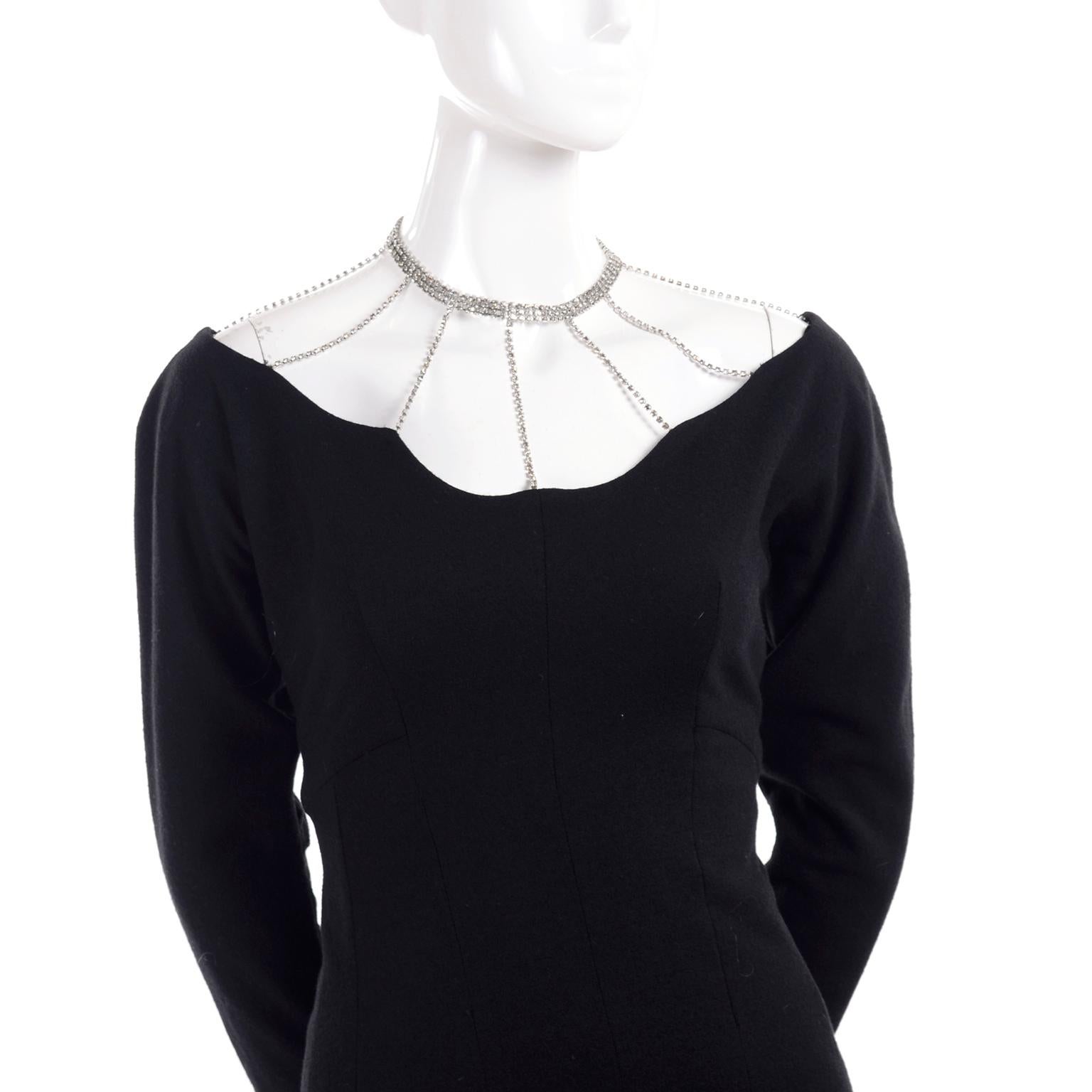 Women's Marion McCoy Little Black Vintage Dress With Rhinestone Necklace Collar, 1960s 