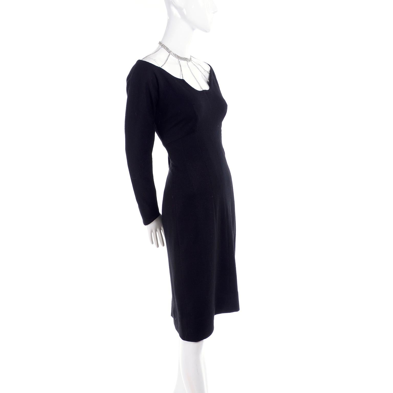 Marion McCoy Little Black Vintage Dress With Rhinestone Necklace Collar, 1960s  In Excellent Condition In Portland, OR