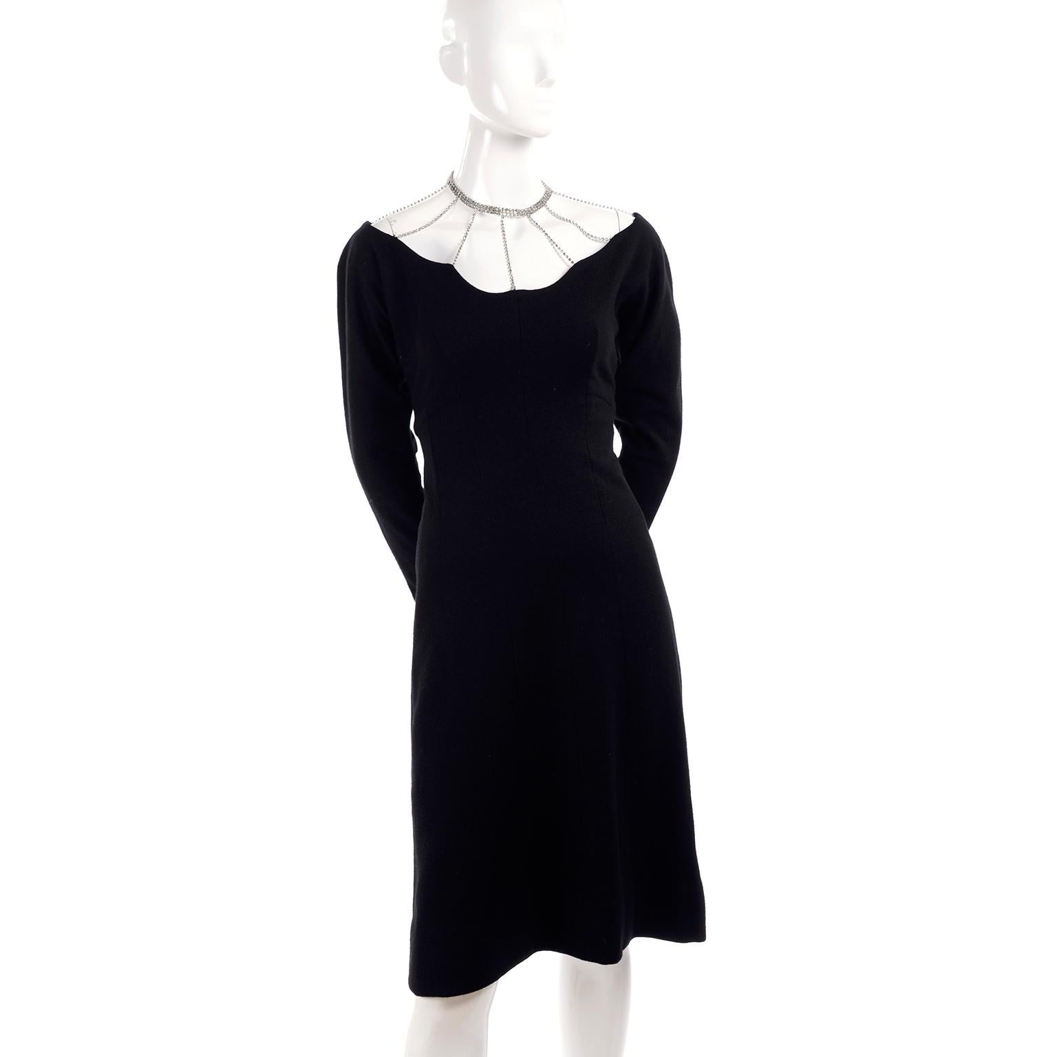 Marion McCoy Little Black Vintage Dress With Rhinestone Necklace Collar, 1960s  6