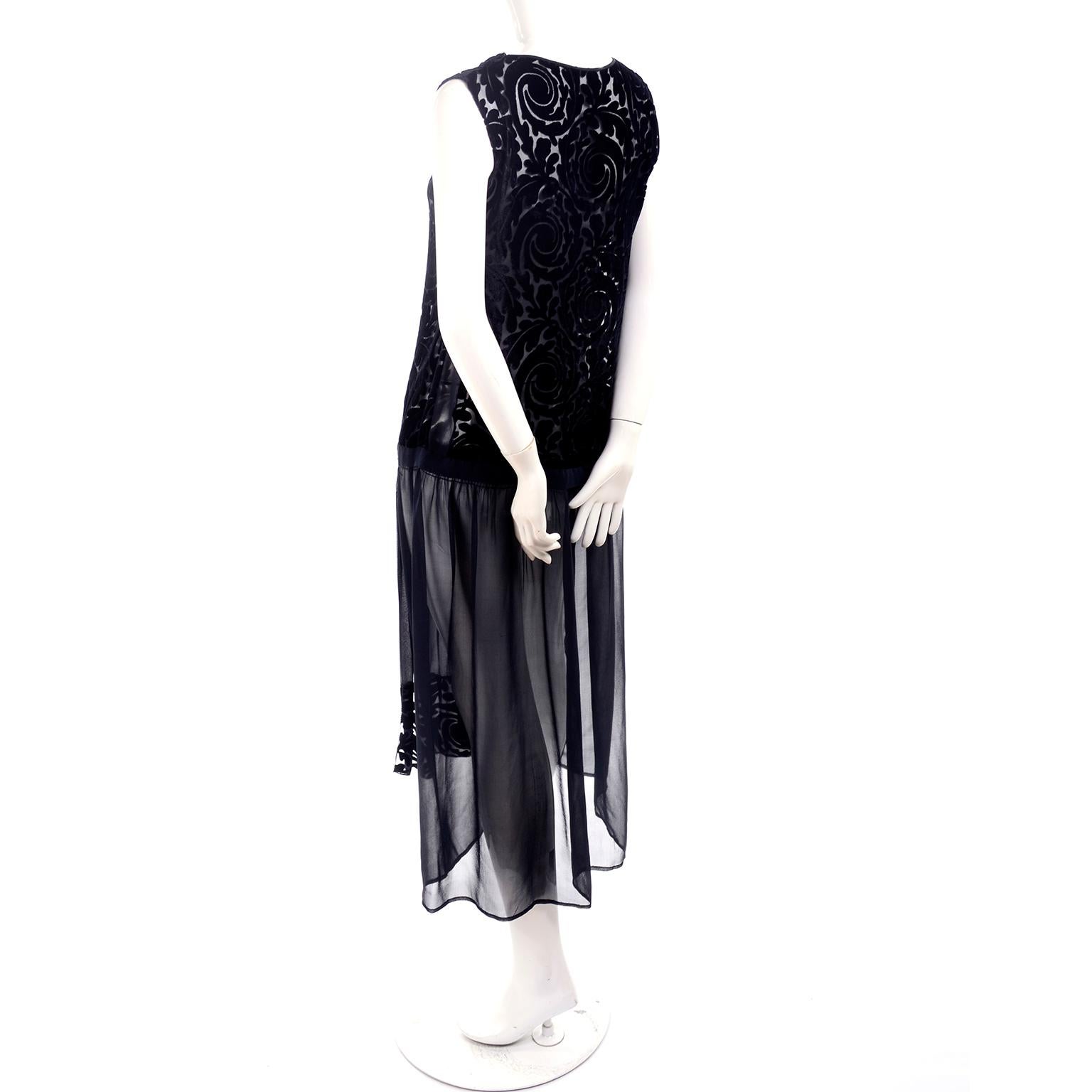1920s Vintage Dress in Black Cut Velvet & Chiffon W/ Abstract Beaded Flower 4