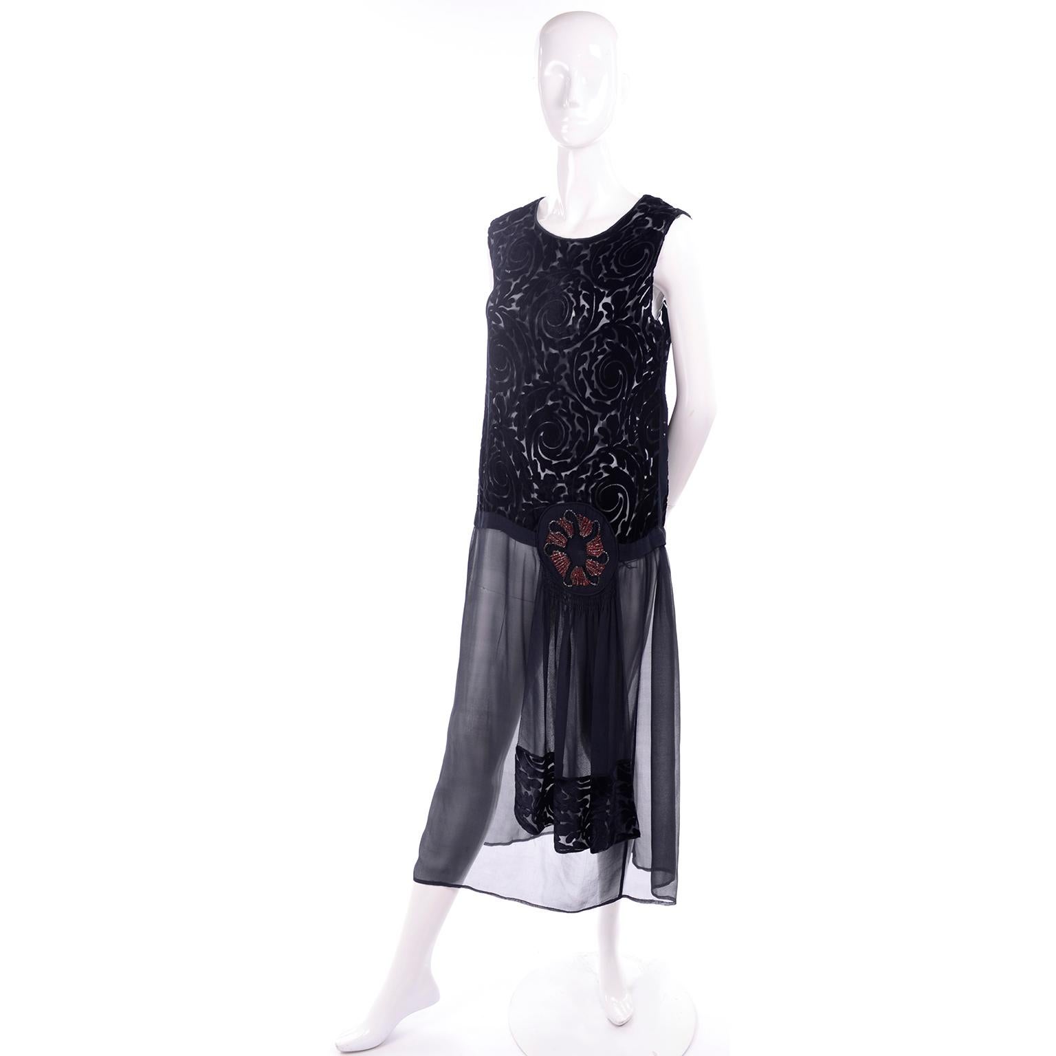 1920s Vintage Dress in Black Cut Velvet & Chiffon W/ Abstract Beaded Flower 5