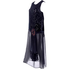 1920s Vintage Dress in Black Cut Velvet & Chiffon W/ Abstract Beaded Flower