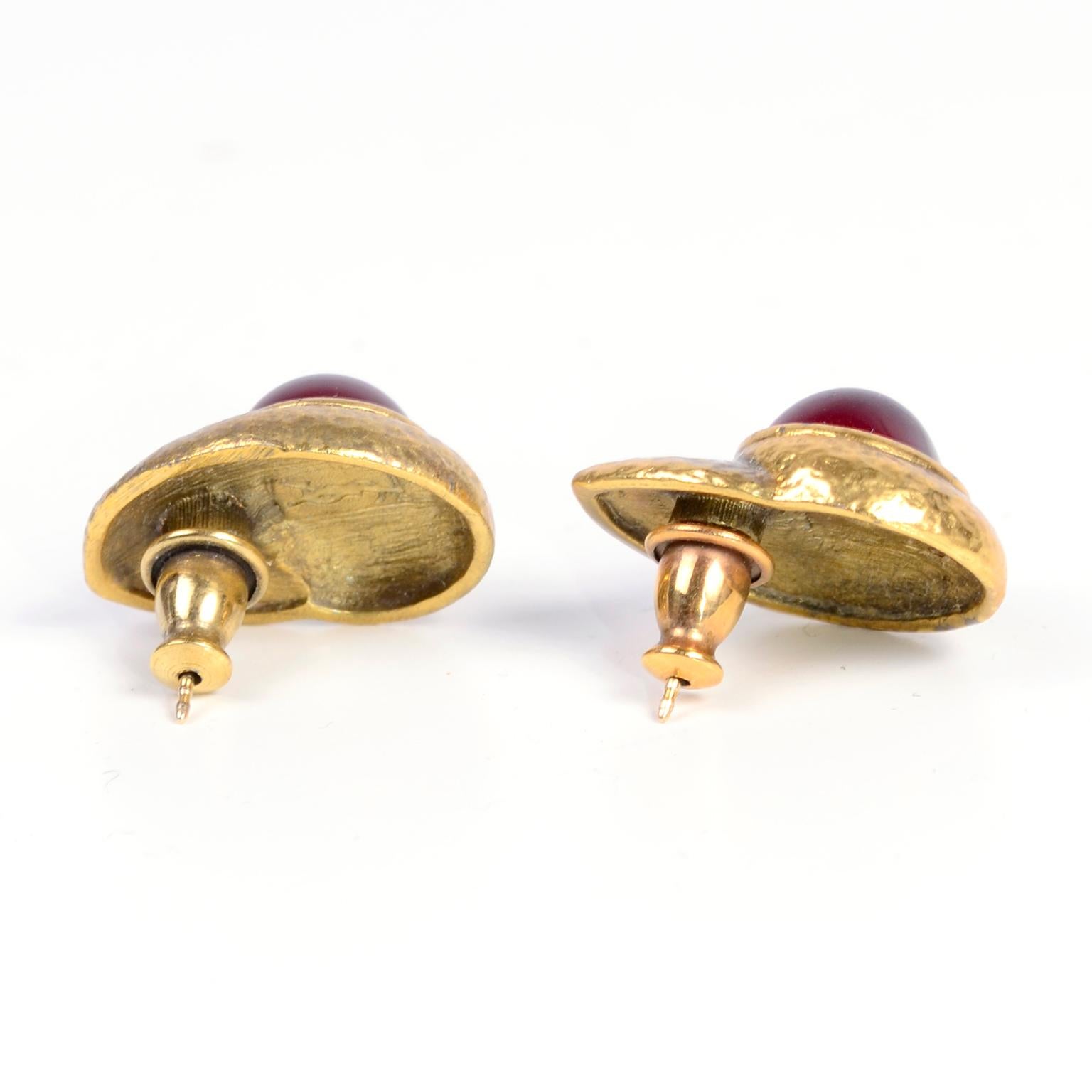 Women's Yves Saint Laurent YSL Vintage Pierced Earrings With Red Cabochons in Gold Metal