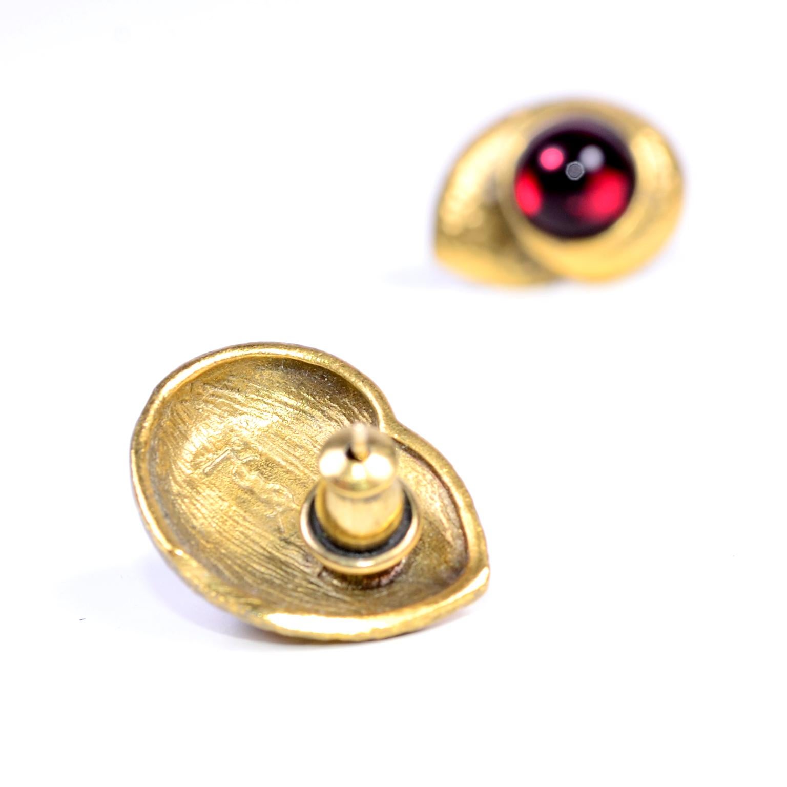 Yves Saint Laurent YSL Vintage Pierced Earrings With Red Cabochons in Gold Metal 4