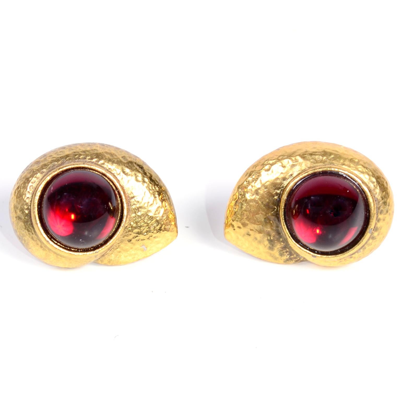 Yves Saint Laurent YSL Vintage Pierced Earrings With Red Cabochons in Gold Metal 1