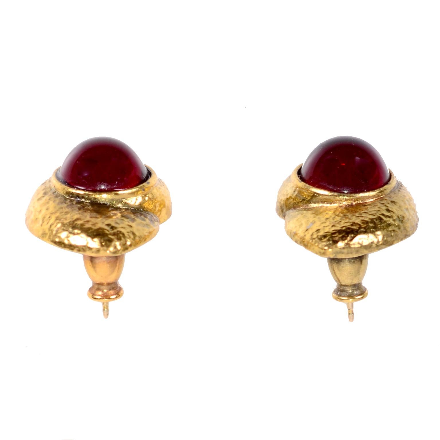 Yves Saint Laurent YSL Vintage Pierced Earrings With Red Cabochons in Gold Metal 2