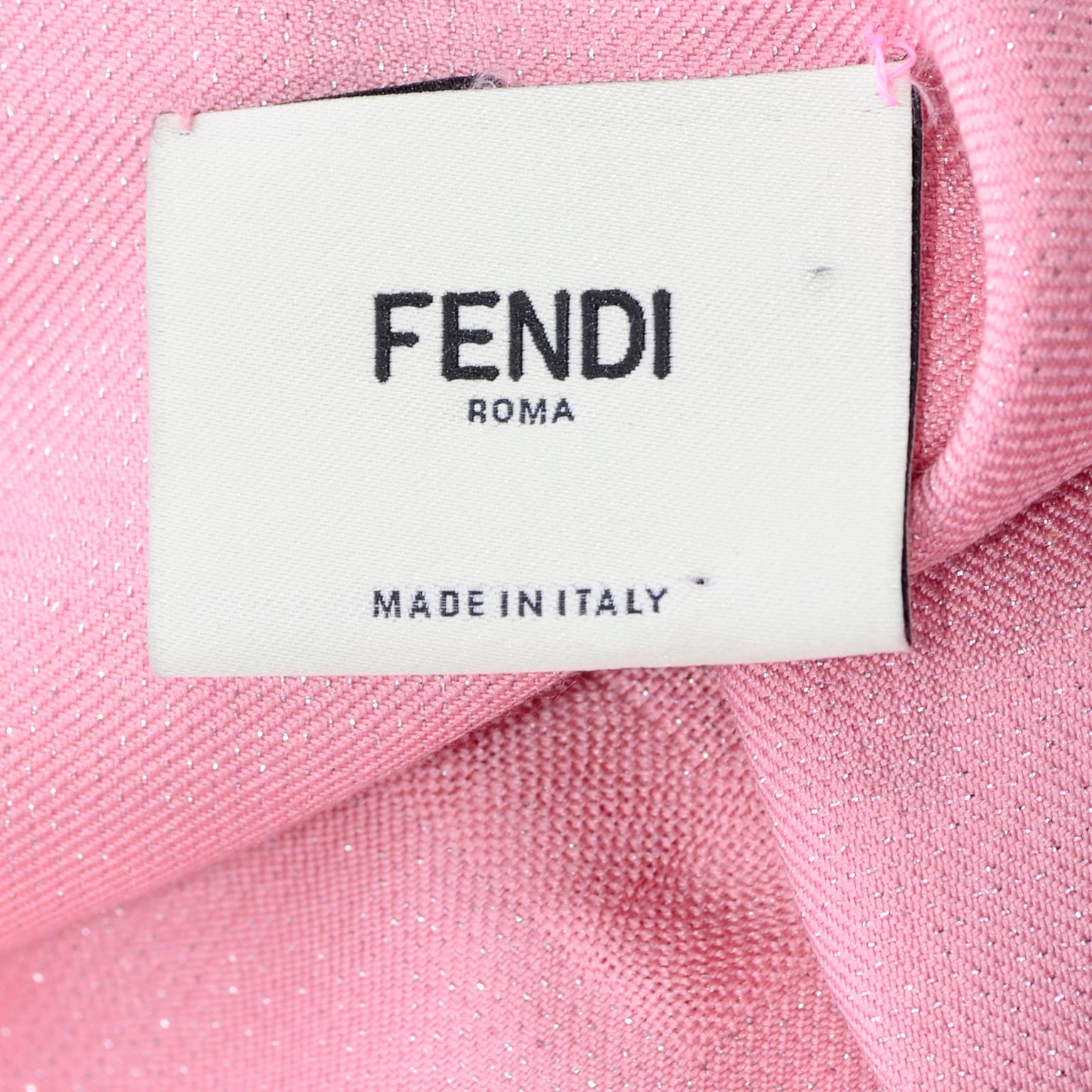 Fendi Pink Silk Glitter Jacquard Logo Scarf or Wrap With Fringe  2