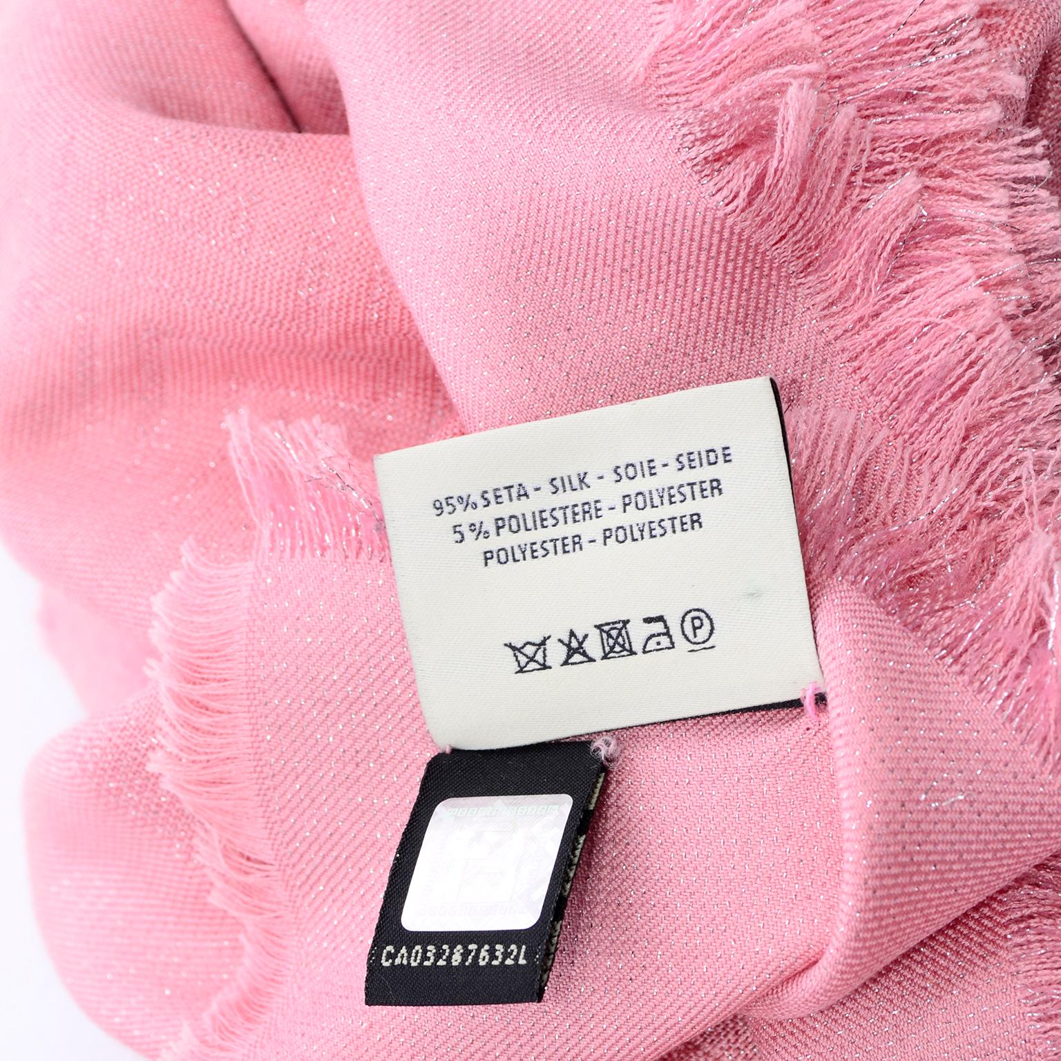 Fendi Pink Silk Glitter Jacquard Logo Scarf or Wrap With Fringe  3