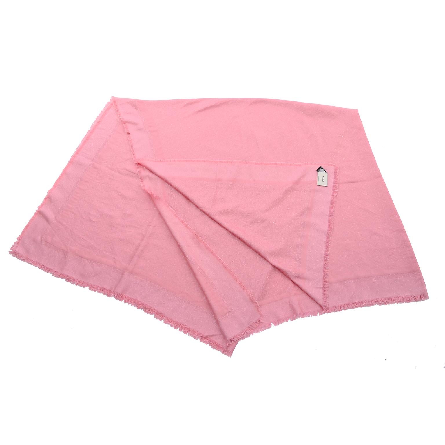 Fendi Pink Silk Glitter Jacquard Logo Scarf or Wrap With Fringe  4
