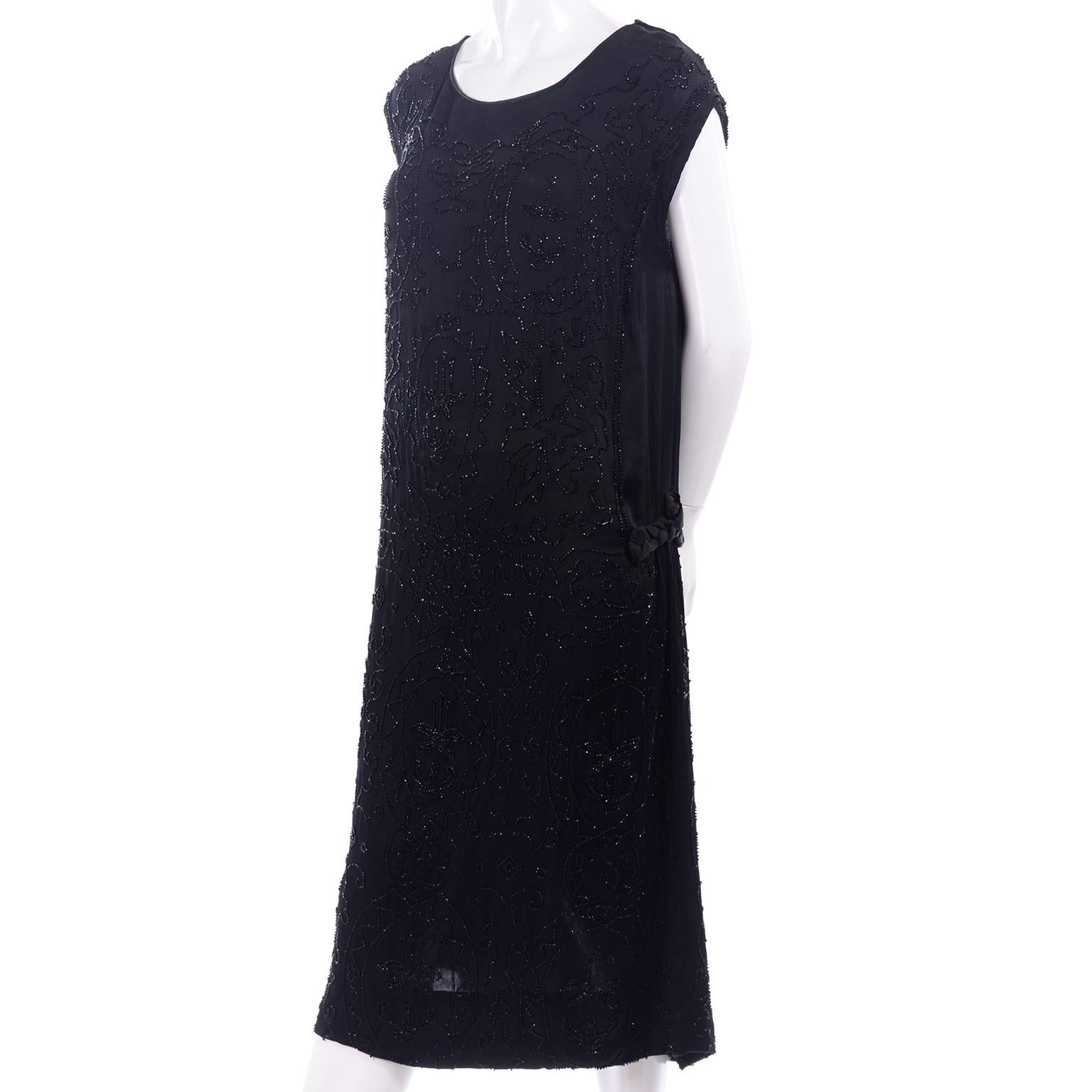 Allover Beaded Black Vintage Dress With Decorative Floral Pattern, 1920s  In Excellent Condition In Portland, OR