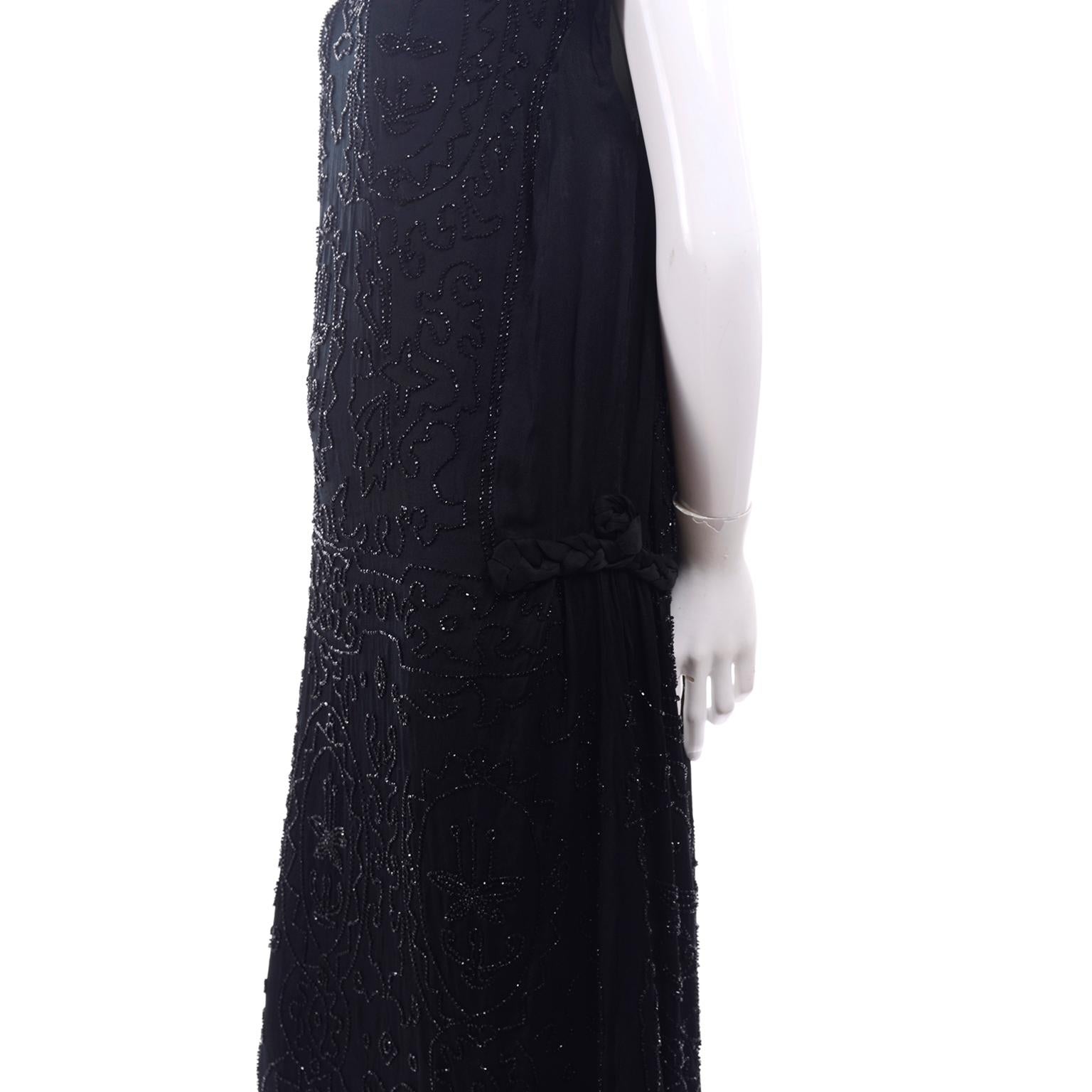 Women's Allover Beaded Black Vintage Dress With Decorative Floral Pattern, 1920s 