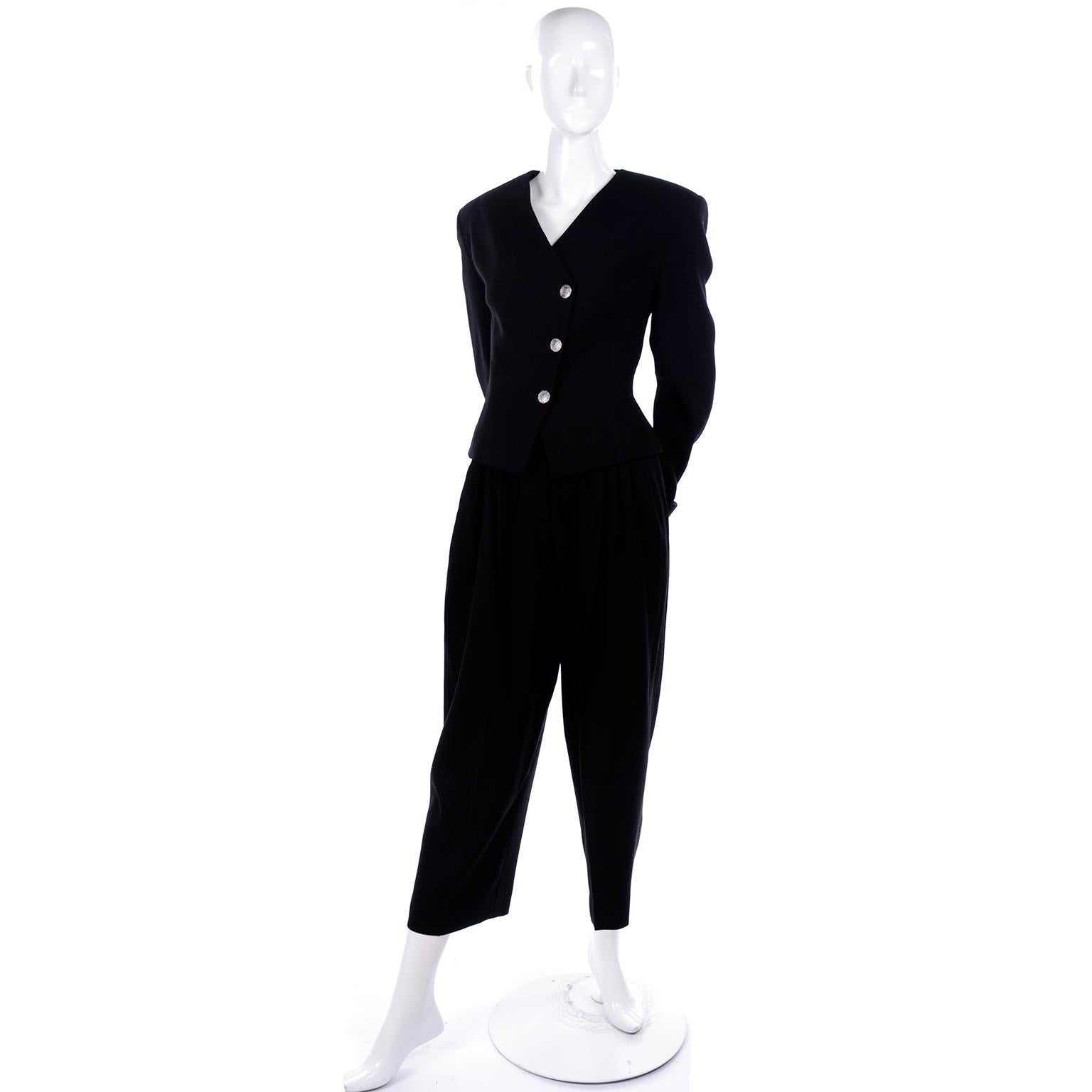 1980s Nicole Farhi Vintage Black Wool Jacket & Ankle Length Cropped Trouser Suit In Excellent Condition In Portland, OR