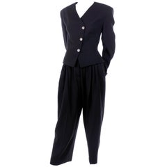 1980s Nicole Farhi Vintage Black Wool Jacket & Ankle Length Cropped Trouser Suit
