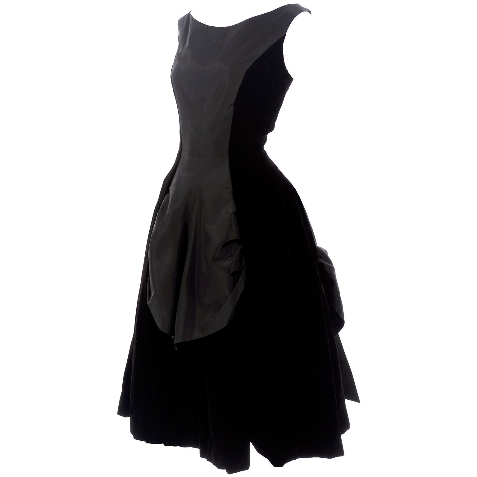 1950s Black Velvet and Taffeta Vintage Party Dress With Full Skirt
