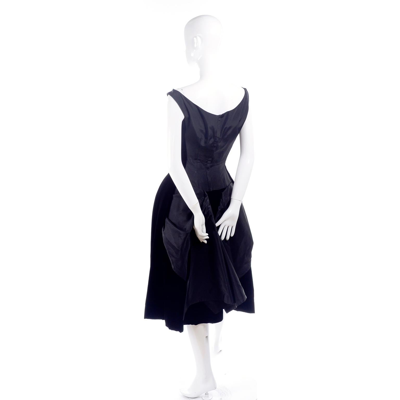 Women's 1950s Black Velvet and Taffeta Vintage Party Dress With Full Skirt