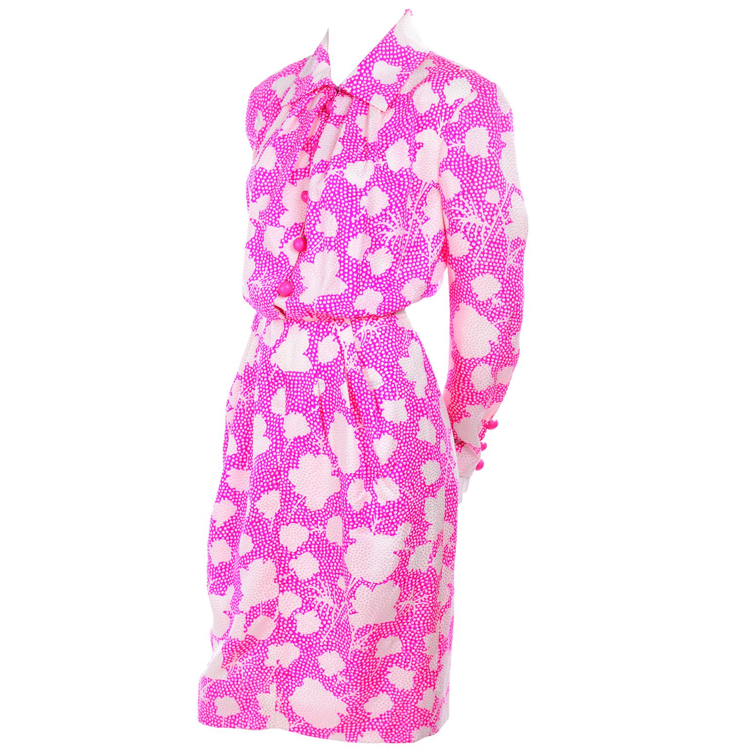 Purple 1980s Vintage Givenchy Bright Pink & White Floral Dot Silk Day Dress  For Sale