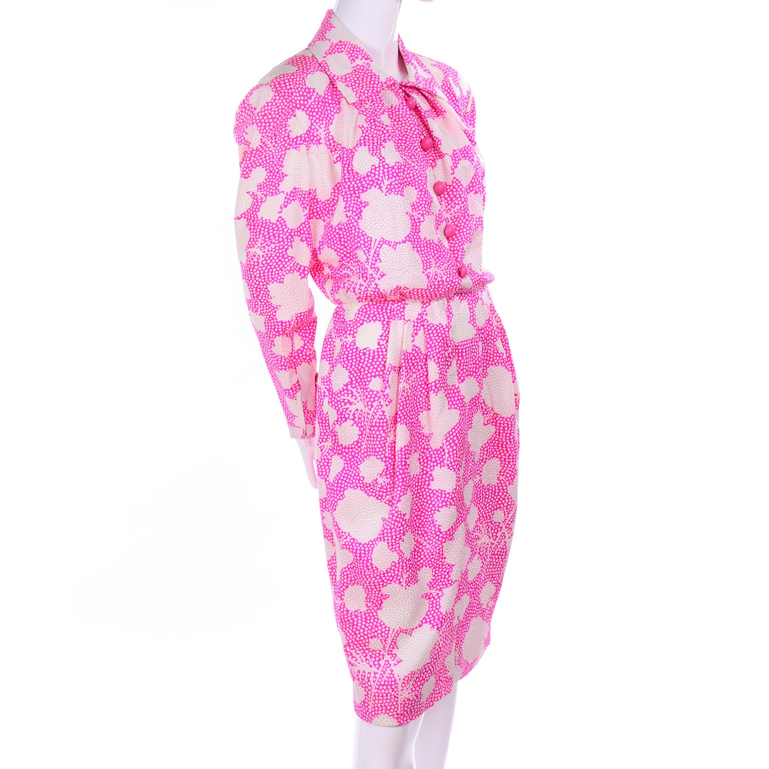 Women's 1980s Vintage Givenchy Bright Pink & White Floral Dot Silk Day Dress  For Sale