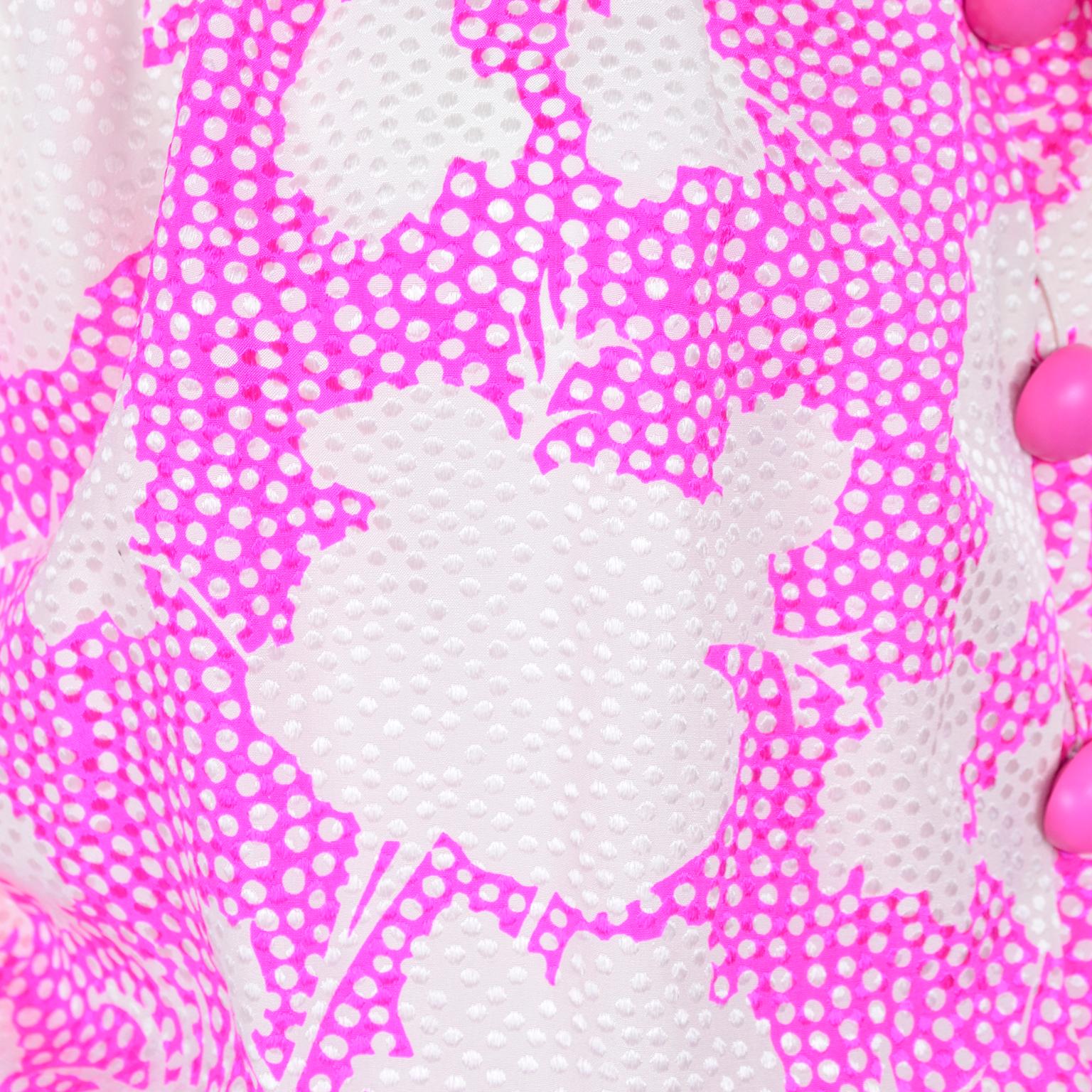 1980s Vintage Givenchy Bright Pink & White Floral Dot Silk Day Dress  For Sale 4