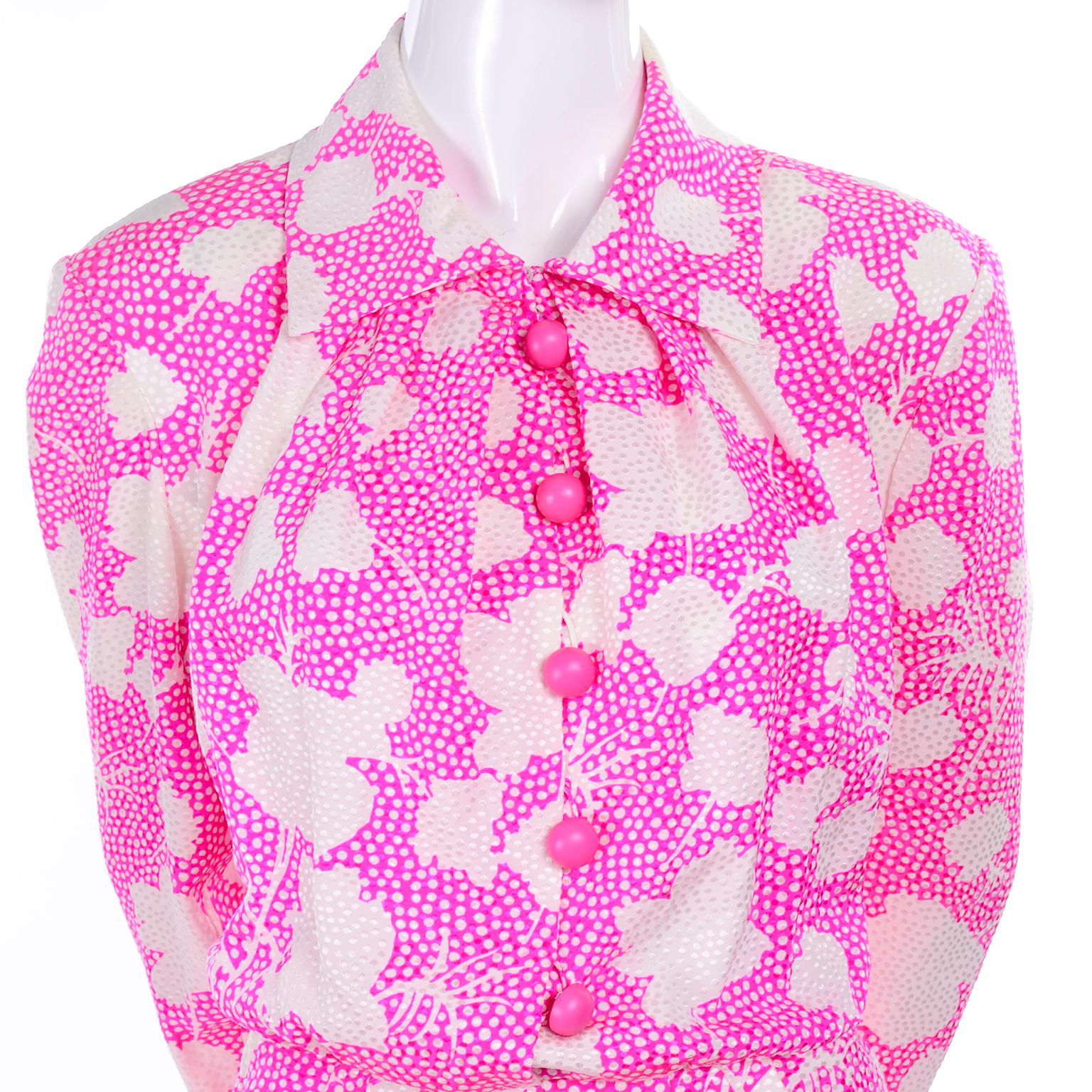1980s Vintage Givenchy Bright Pink & White Floral Dot Silk Day Dress  For Sale 2