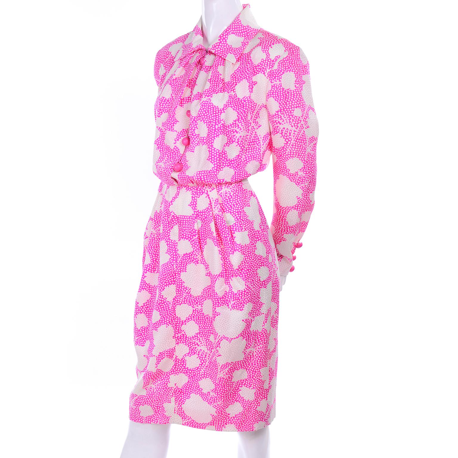 1980s Vintage Givenchy Bright Pink & White Floral Dot Silk Day Dress  In Excellent Condition For Sale In Portland, OR