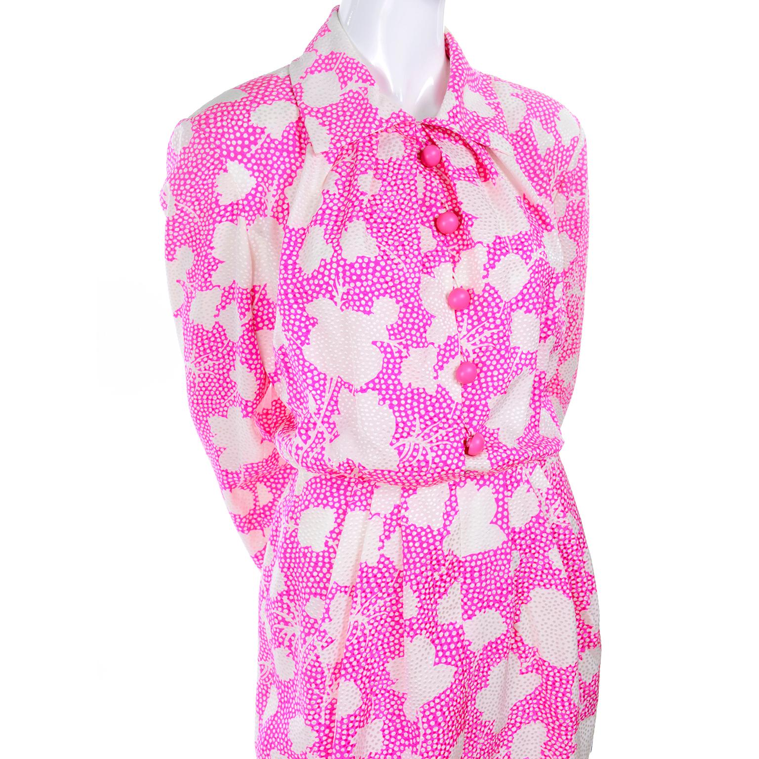 1980s Vintage Givenchy Bright Pink & White Floral Dot Silk Day Dress  For Sale 6