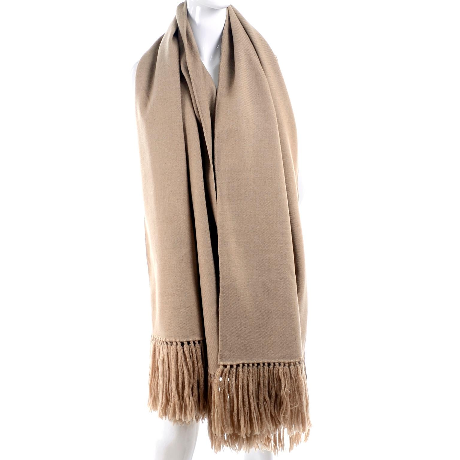 Vintage Camel Wool Blanket Scarf or Wrap With Tassels In Excellent Condition In Portland, OR