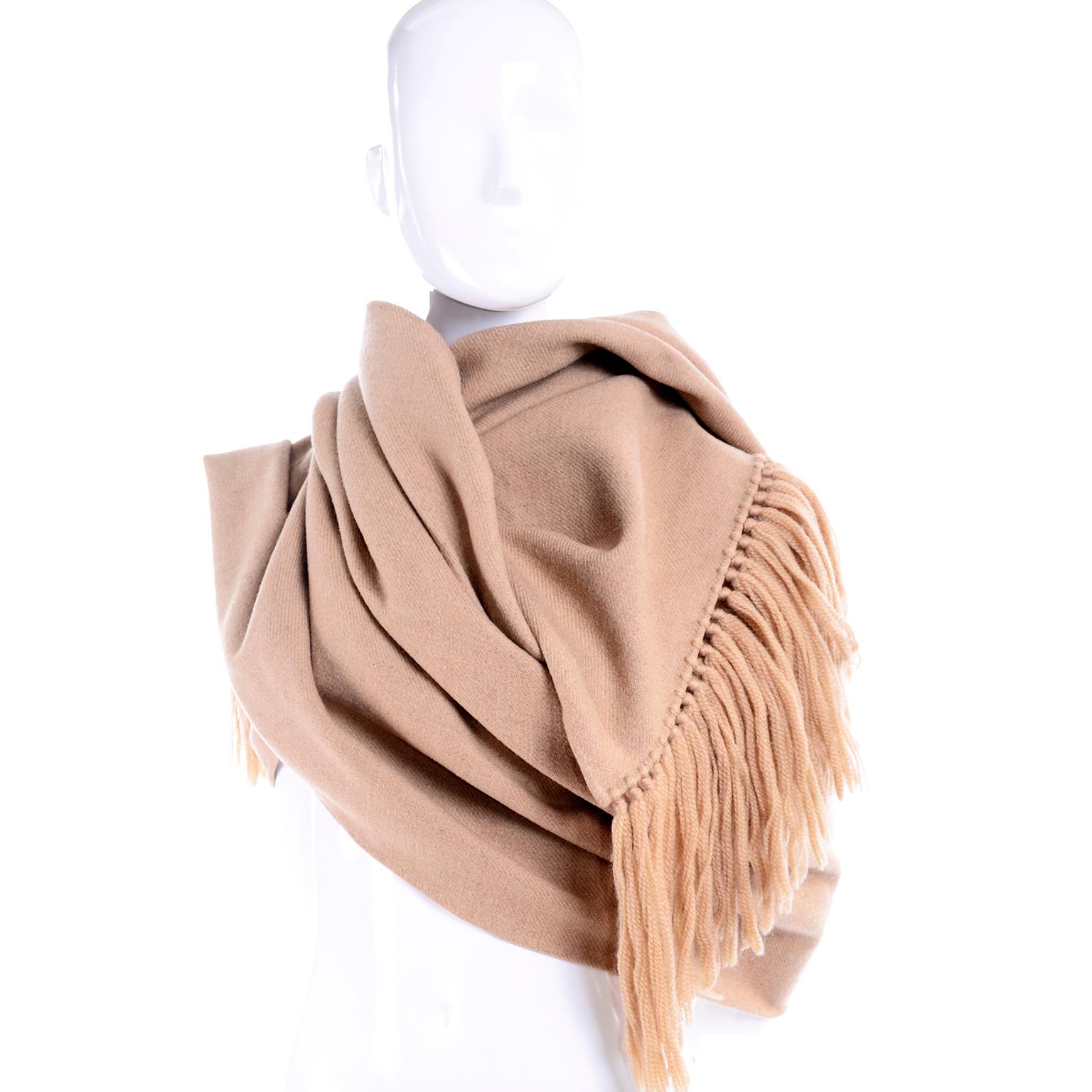 Beige Vintage Camel Wool Blanket Scarf or Wrap With Tassels