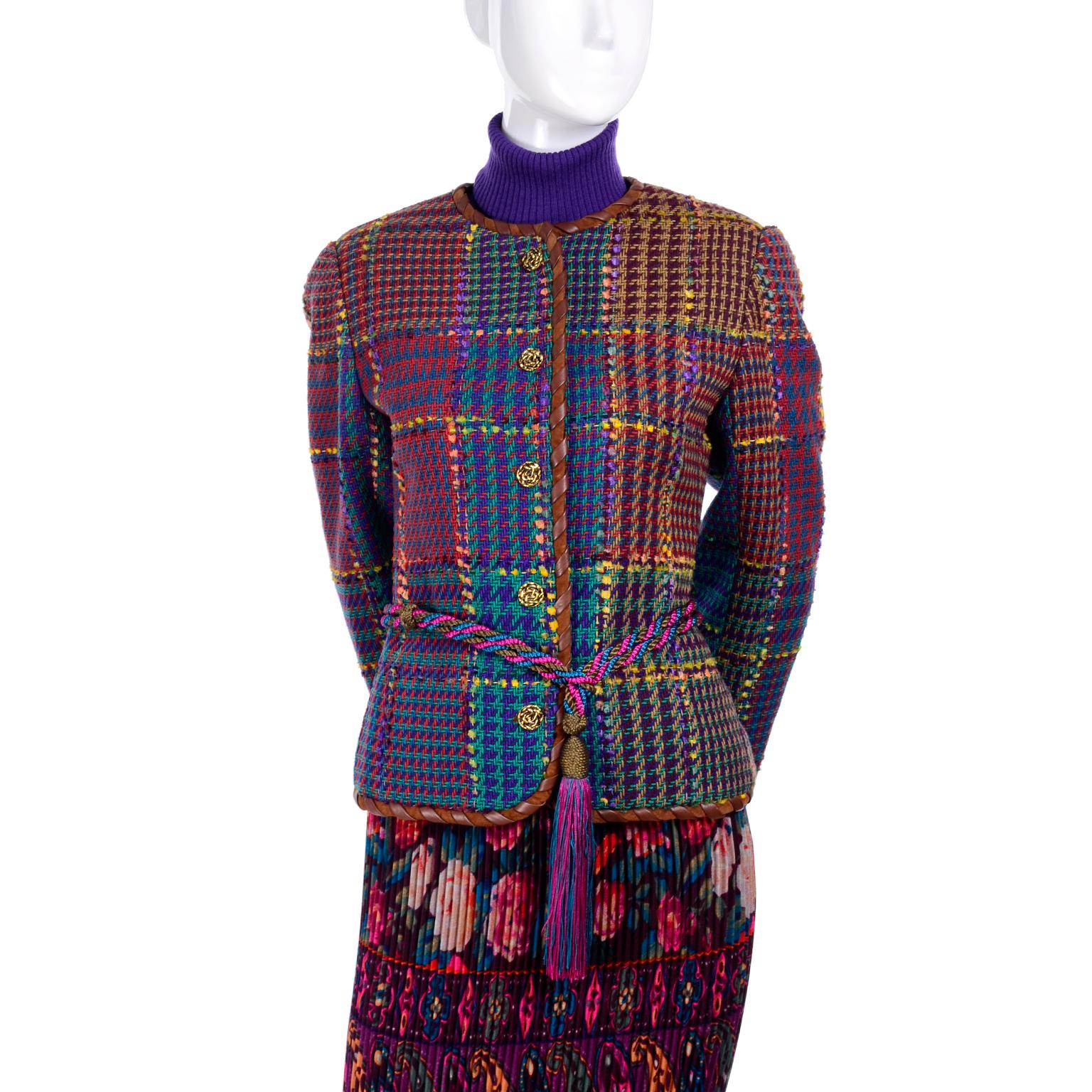 1990s Ungaro Floral Pleated Skirt Tweed Jacket Sweater & Belt Pattern Mix Outfit 1