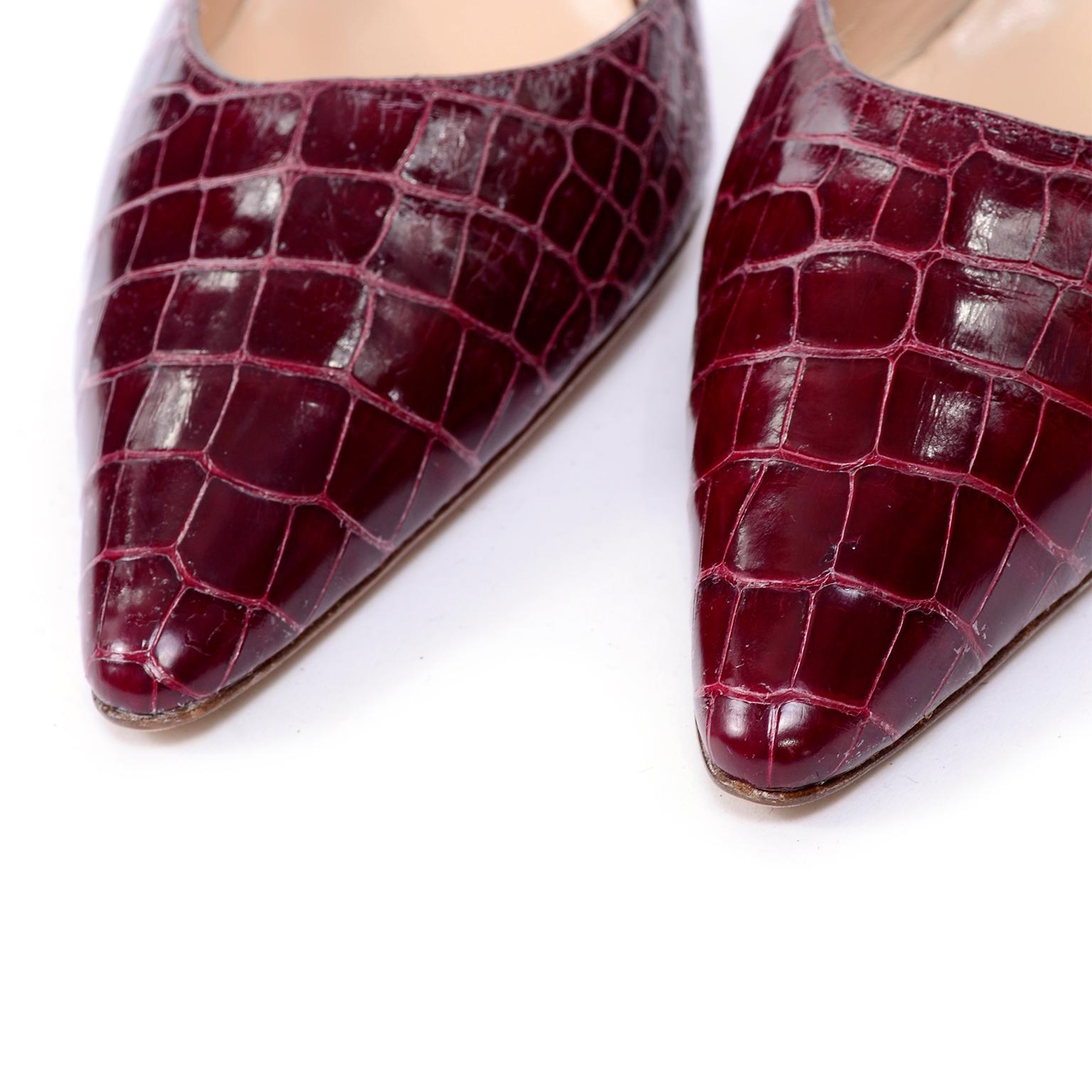 Brown Manolo Blahnik Shoes Burgundy Crocodile Sling Back Heels 38.5 Size 8