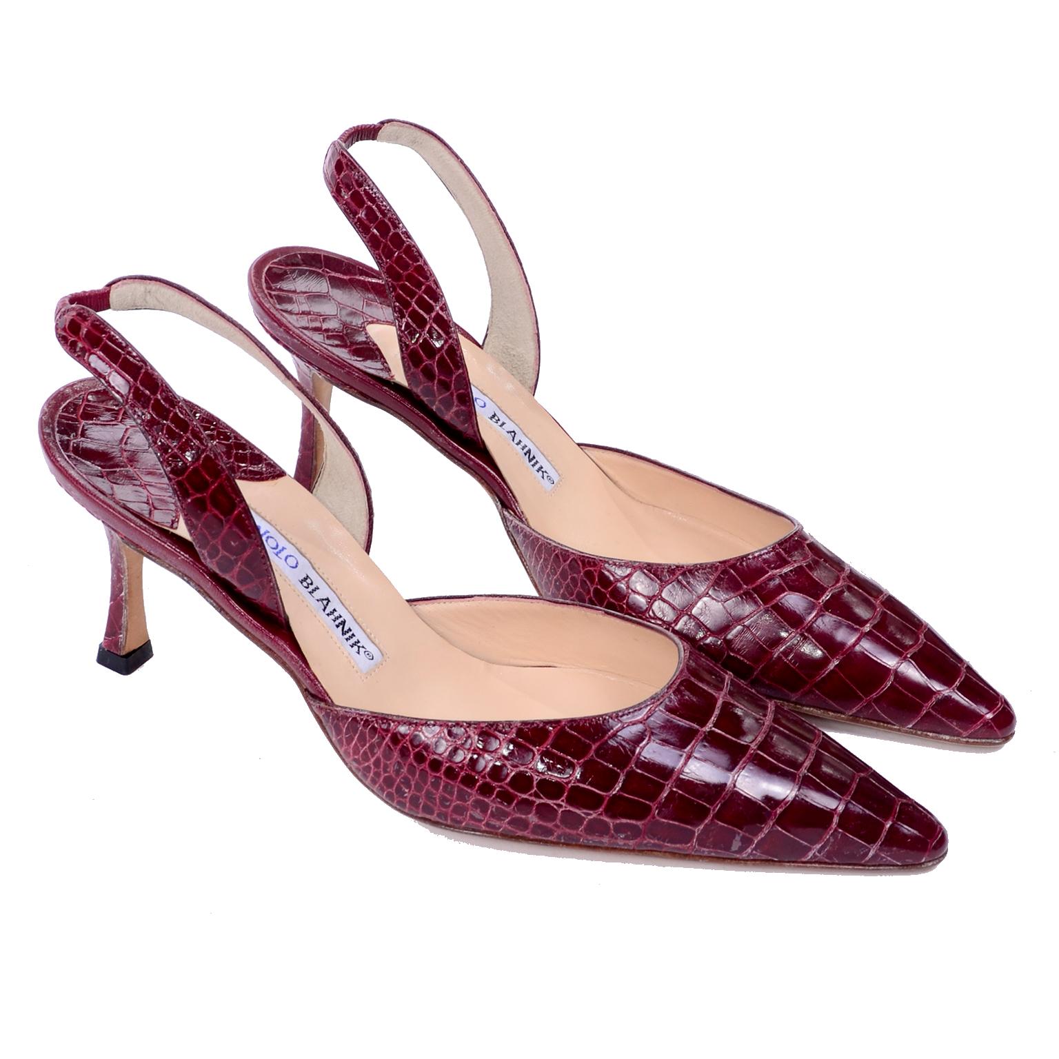 Manolo Blahnik Shoes Burgundy Crocodile Sling Back Heels 38.5 Size 8
