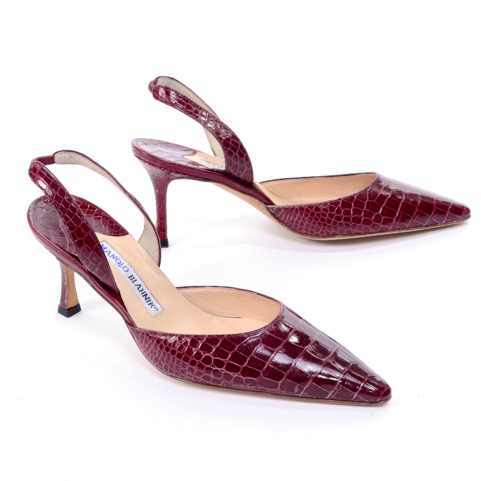 Manolo Blahnik Shoes Burgundy Crocodile Sling Back Heels 38.5 Size 8 1