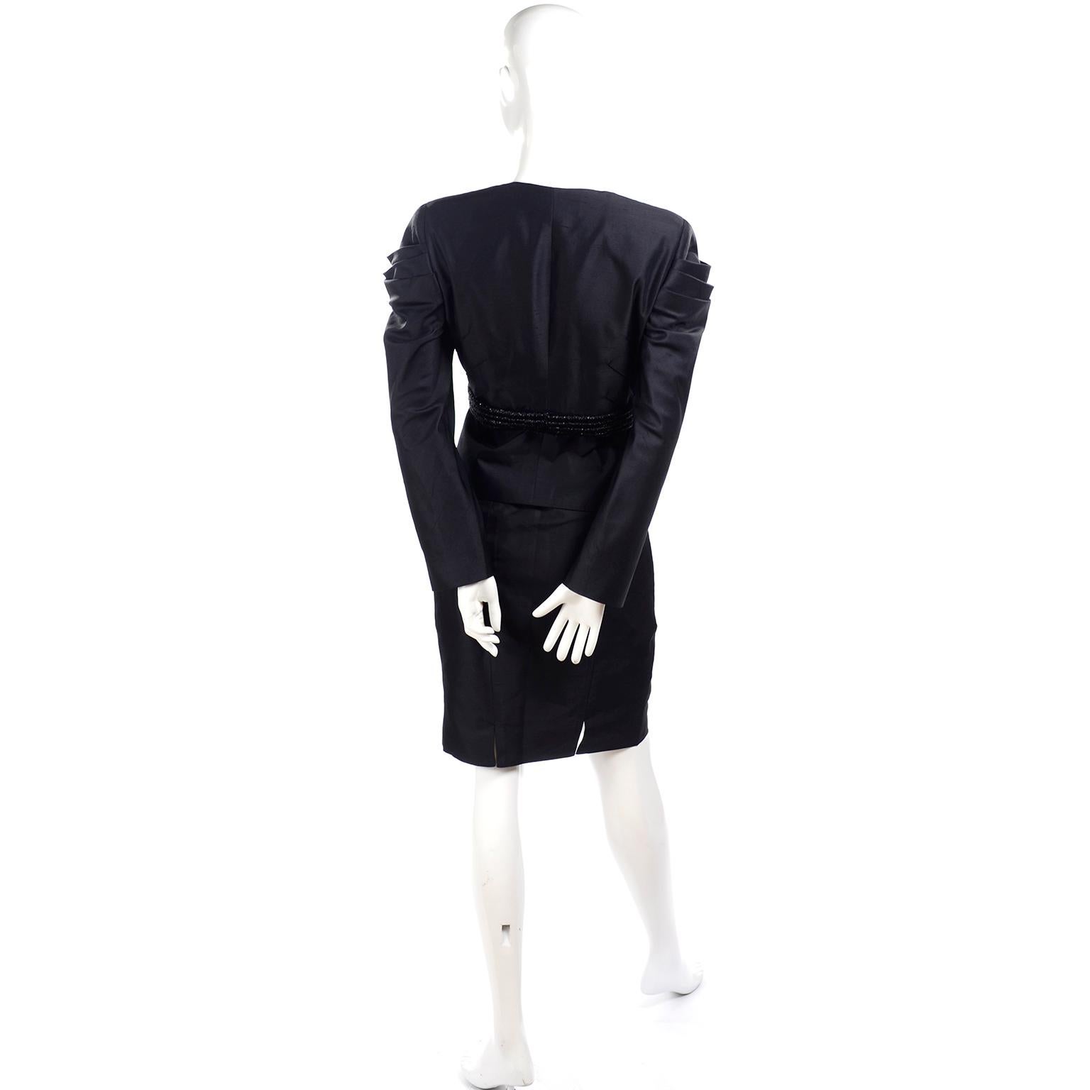 Women's 2006 Valentino Runway Beaded Black Silk Avant Garde Beaded Jacket & Skirt  For Sale