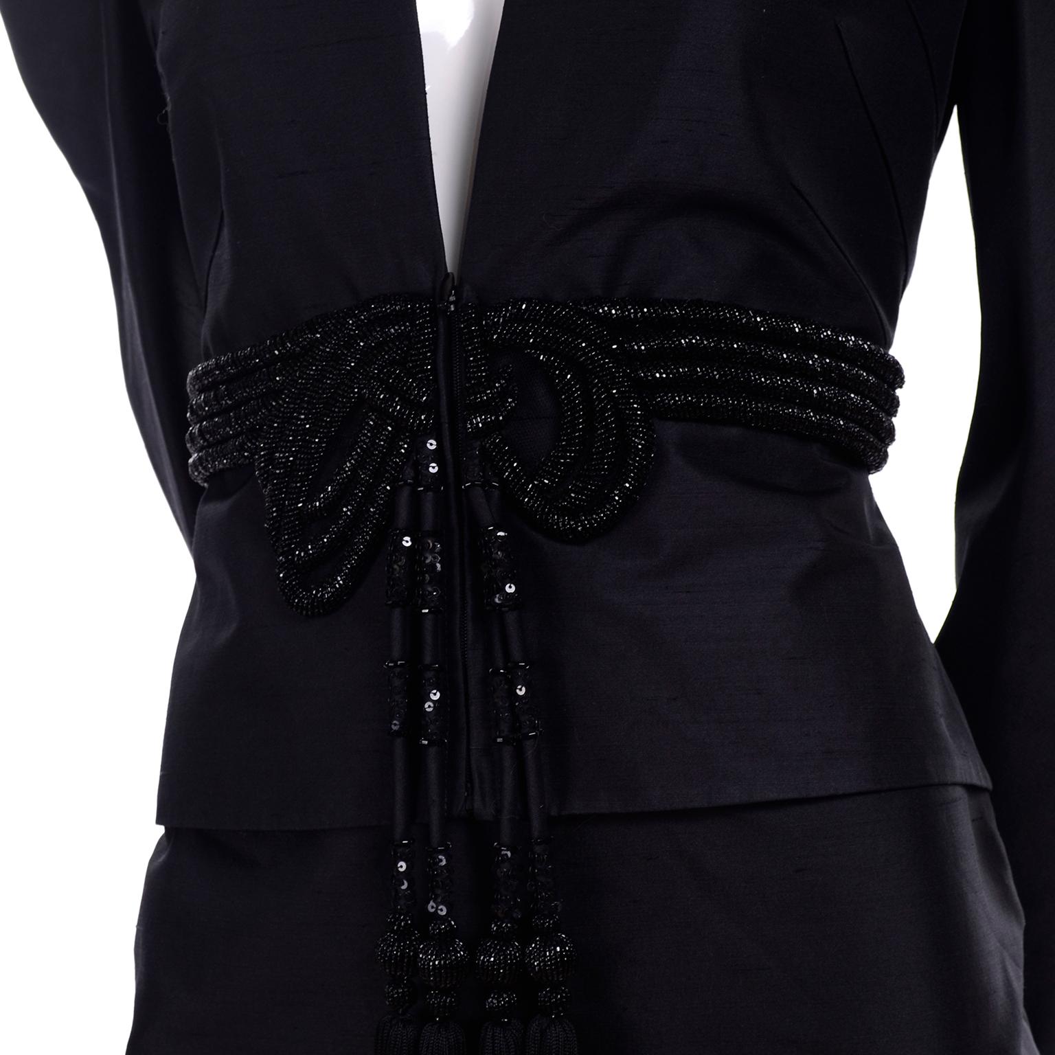 2006 Valentino Runway Beaded Black Silk Avant Garde Beaded Jacket & Skirt  For Sale 1