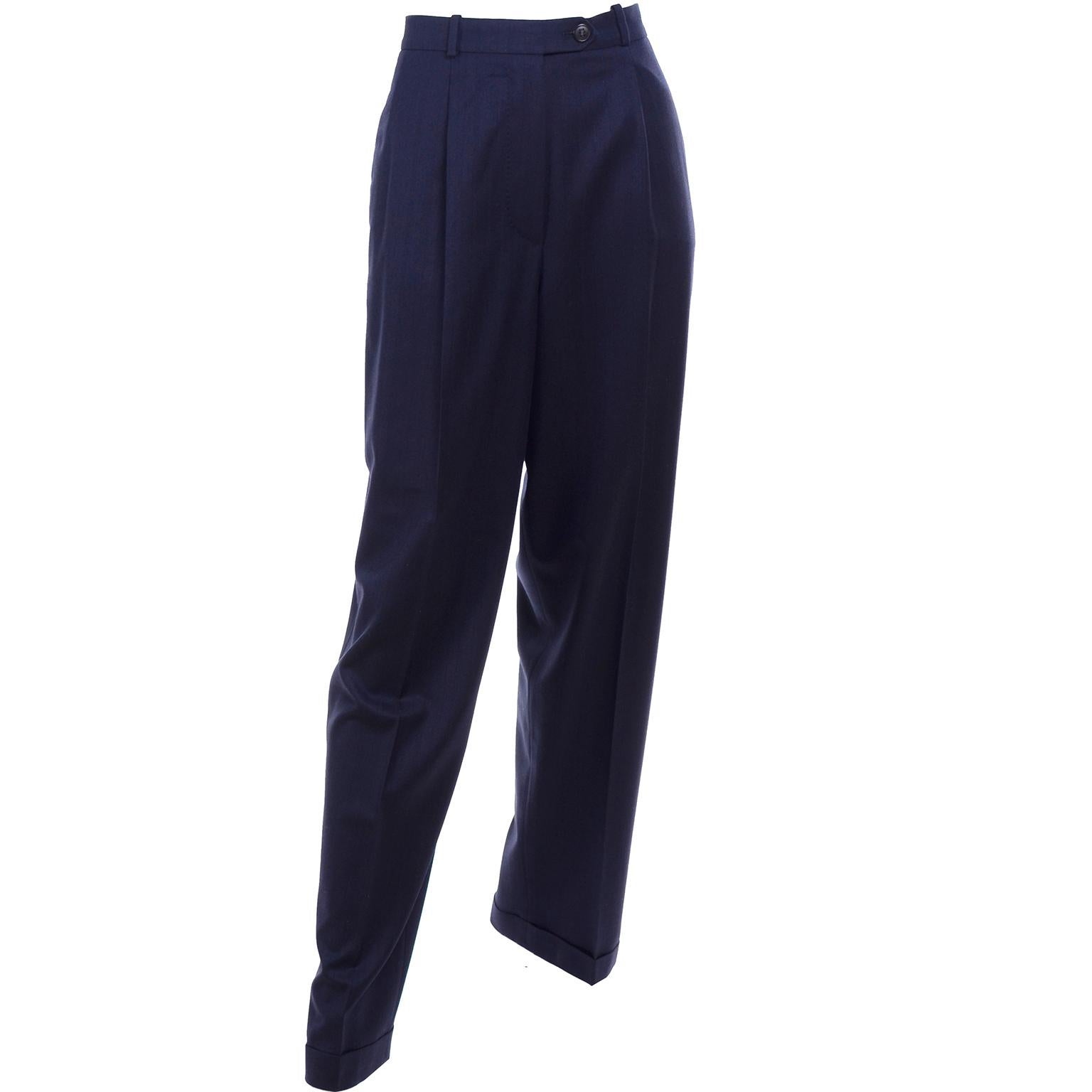 Hermes Navy Blue High Waisted Cuffed Trouser Pants Size 38
