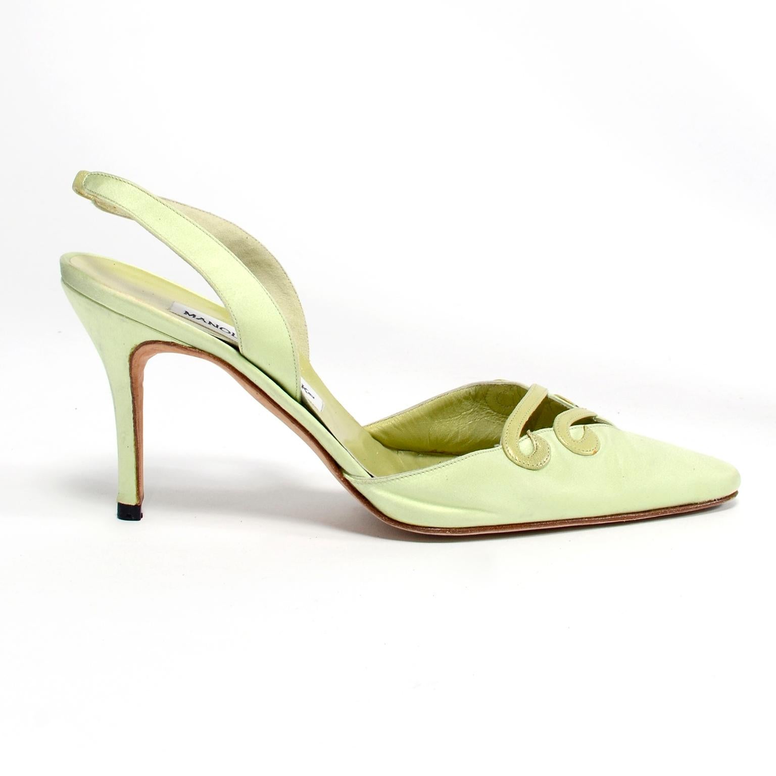 Green Manolo Blahnik Carolyne Slingback Shoes w/ Decorative Swirls in Size  37.5 For Sale at 1stDibs