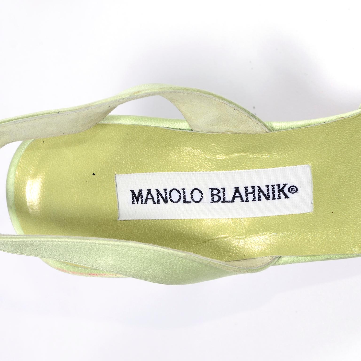 Green Manolo Blahnik Carolyne Slingback Shoes w/ Decorative Swirls in Size 37.5 1