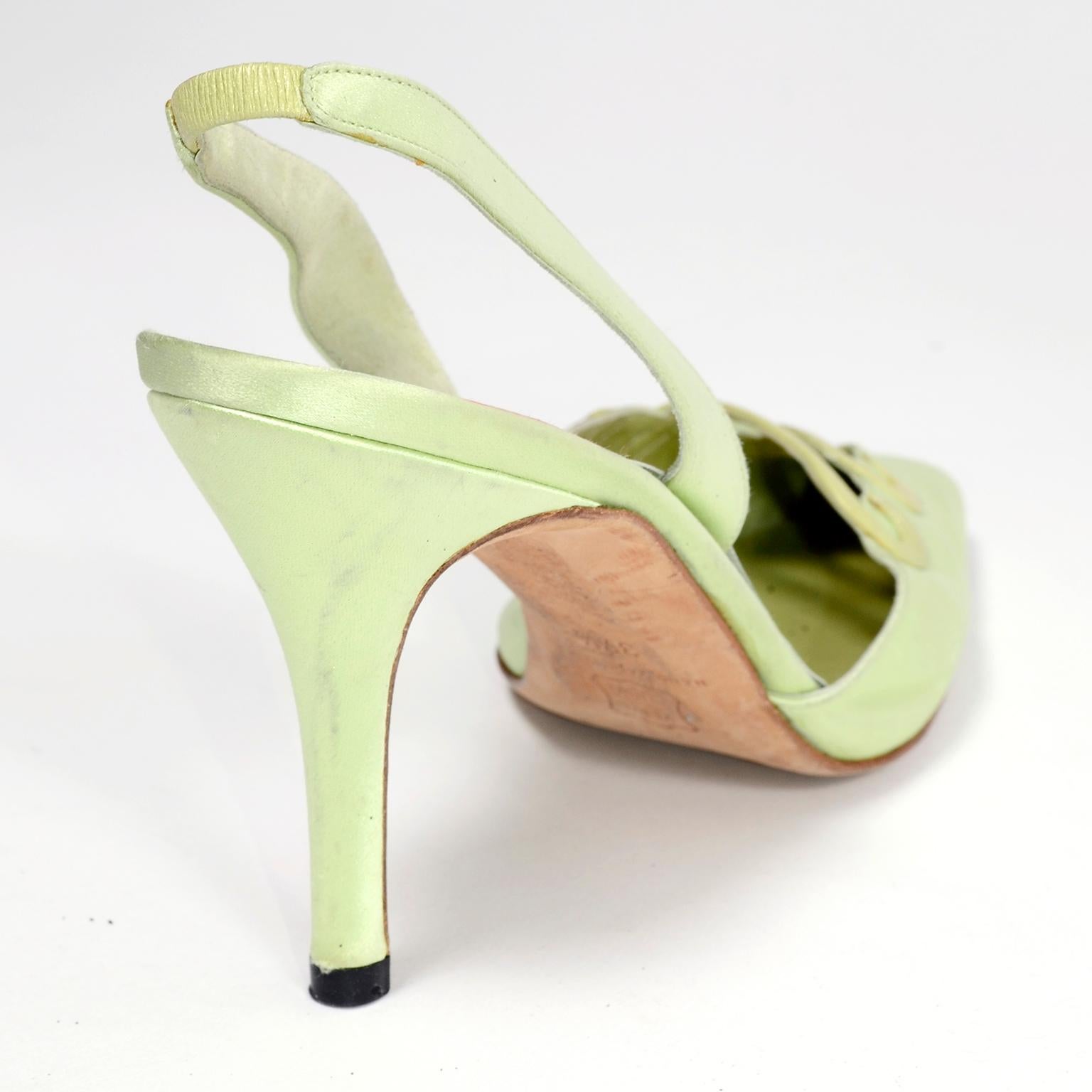Green Manolo Blahnik Carolyne Slingback Shoes w/ Decorative Swirls in Size 37.5 2
