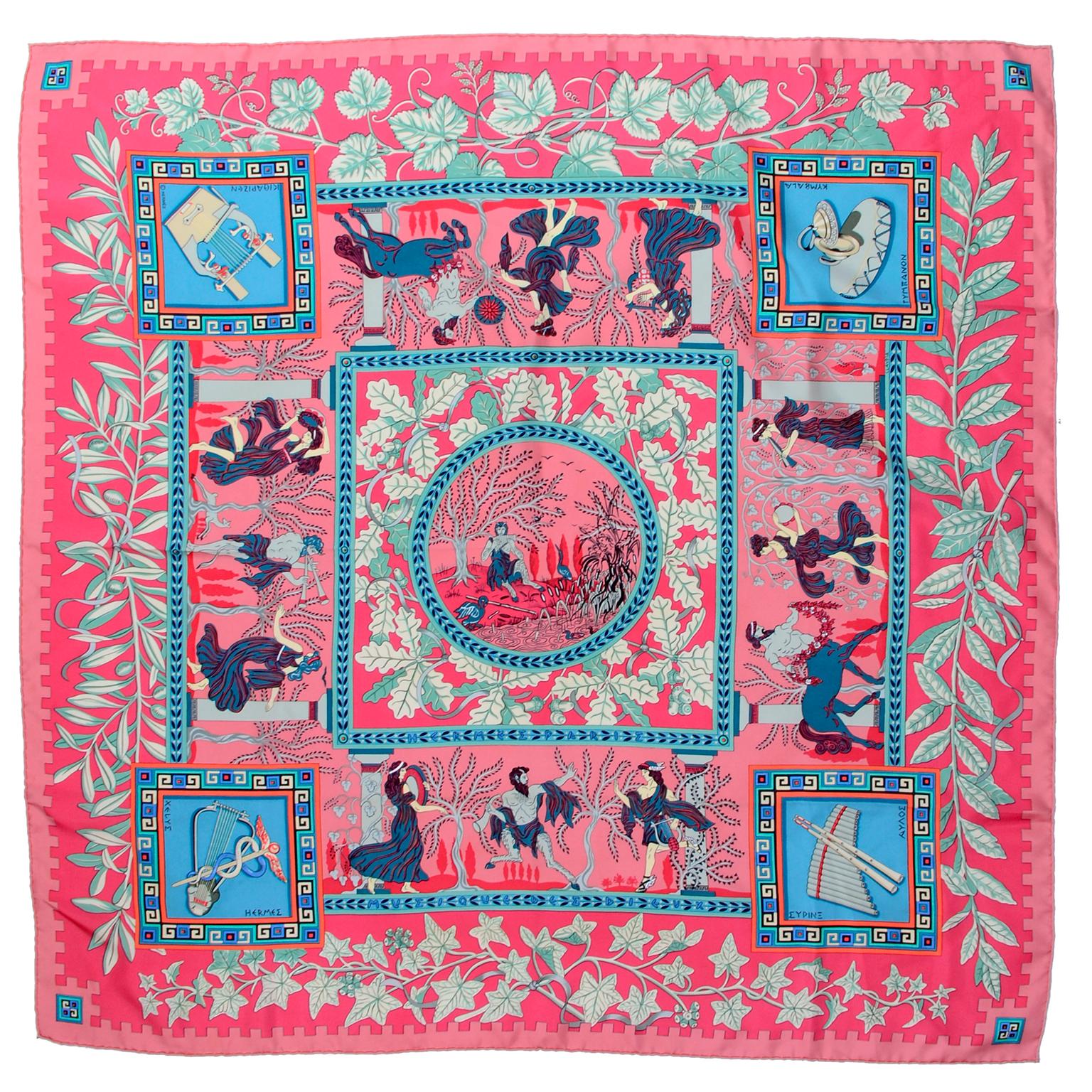 1996 Hermes Musique Des Dieux Silk Scarf by Claudia Stuhlhofer Mayr in Pink