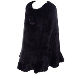 Black Mink Knit Fur Poncho Cape With Pom Poms