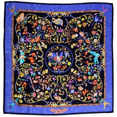 Blue Silk Hermes Scarf Pierres d'Orient et d'Occident by Zoé Pauwels w/ Birds